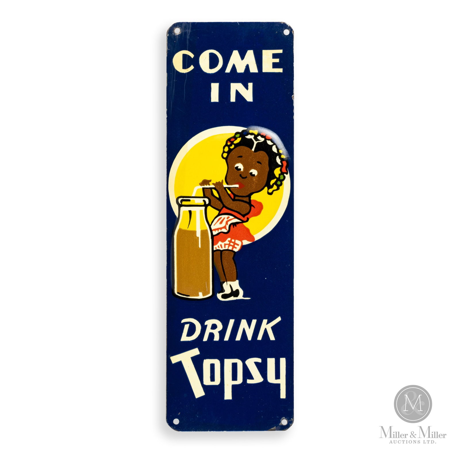 Topsy Chocolate Milk Door Push Sign: American. 1940s. Embossed single-sided tin (ESST). 9.5" x 3". Authenticated by The Authentication Company (TAC #401351). From the Norm West Collection.