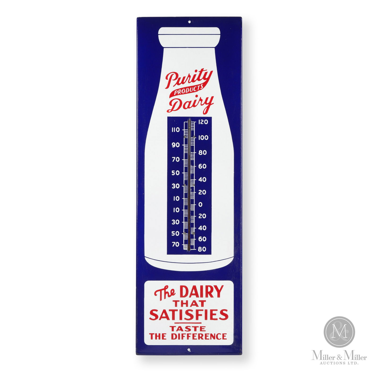 Purity Dairy, Listowel, Ontario Thermometer: Canadian. 1930s. Single-sided porcelain (SSP). 34.5" x 11" x 0.75". Authenticated by The Authentication Company (TAC #401326). From the Norm West Collection.