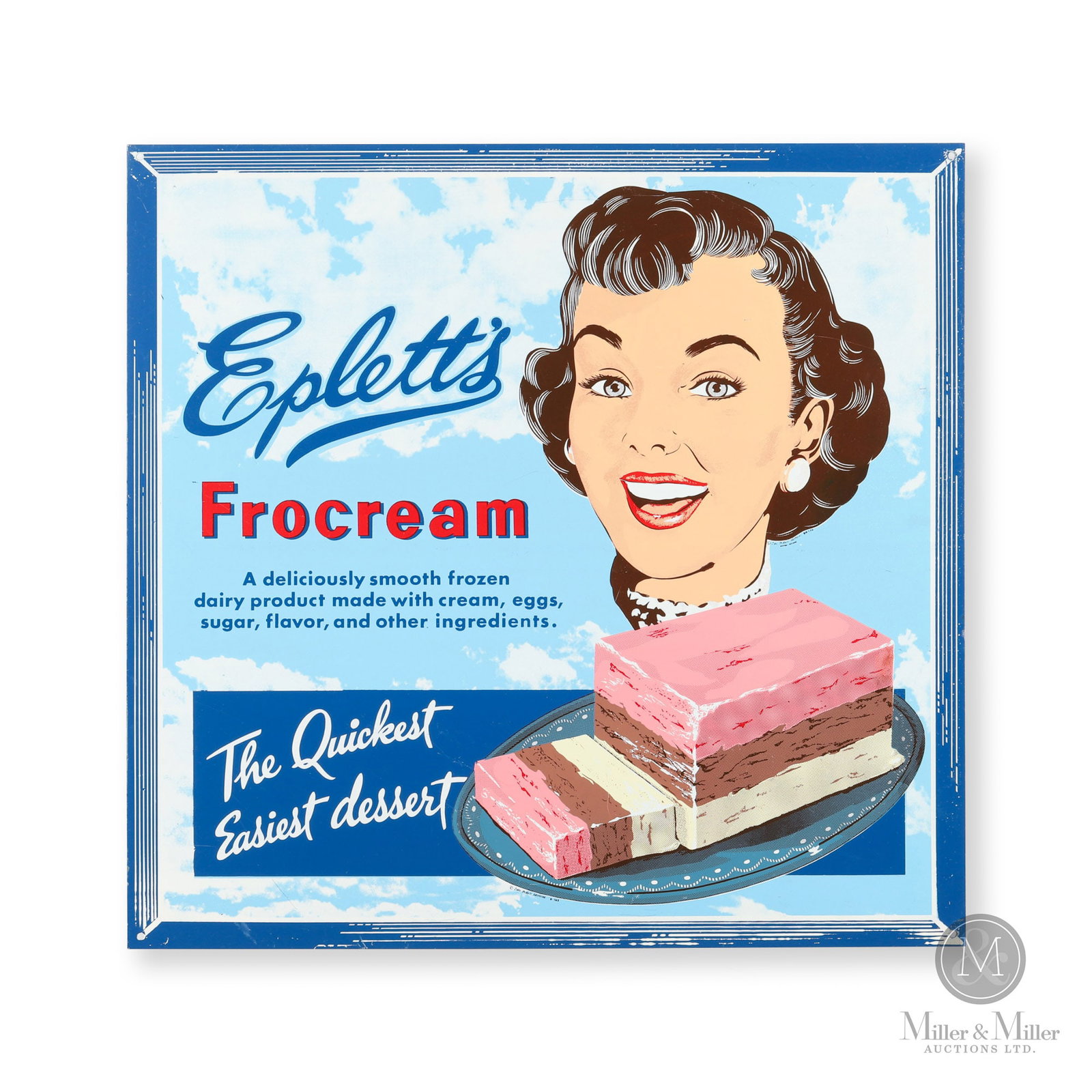 Eplett's Frocream Ice Cream Sign: Canadian. 1950s. Single-sided tin (SST). Marked, "Copyright Dairy Products Advertising B-162", lower edge center. 23" x 24". Authenticated by The Authentication Company (TAC #401305). From the Norm We