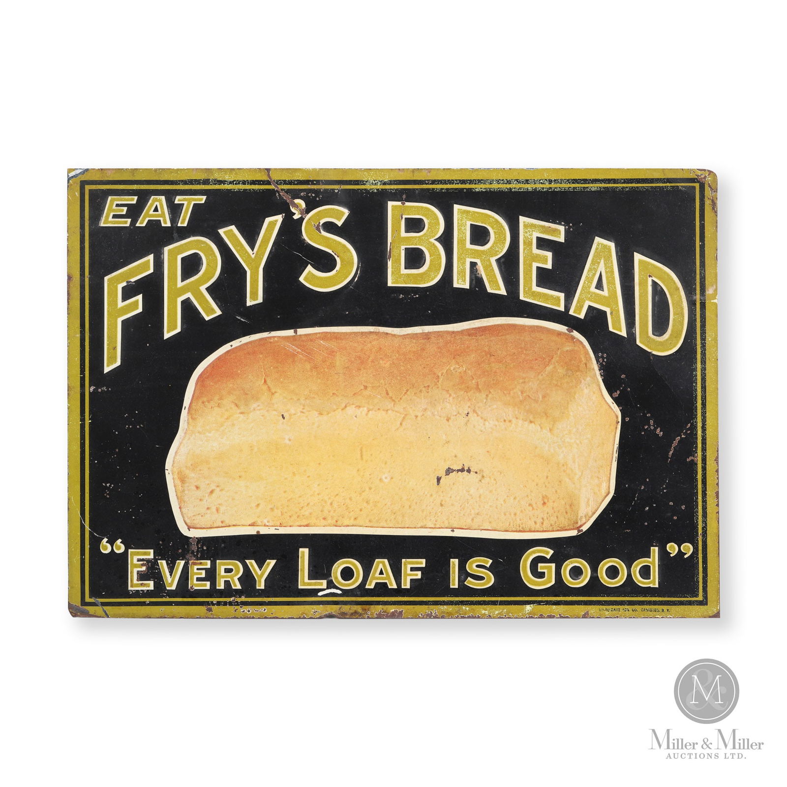 Fry's Bread Sign: American. 1920s. Embossed single-sided tin (ESST). Marked, "Up-To-Date Adv. Co. Canisteo, N.Y.", lower edge. 9.5" x 14". Authenticated by The Authentication Company (TAC #500671). From the Norm West C