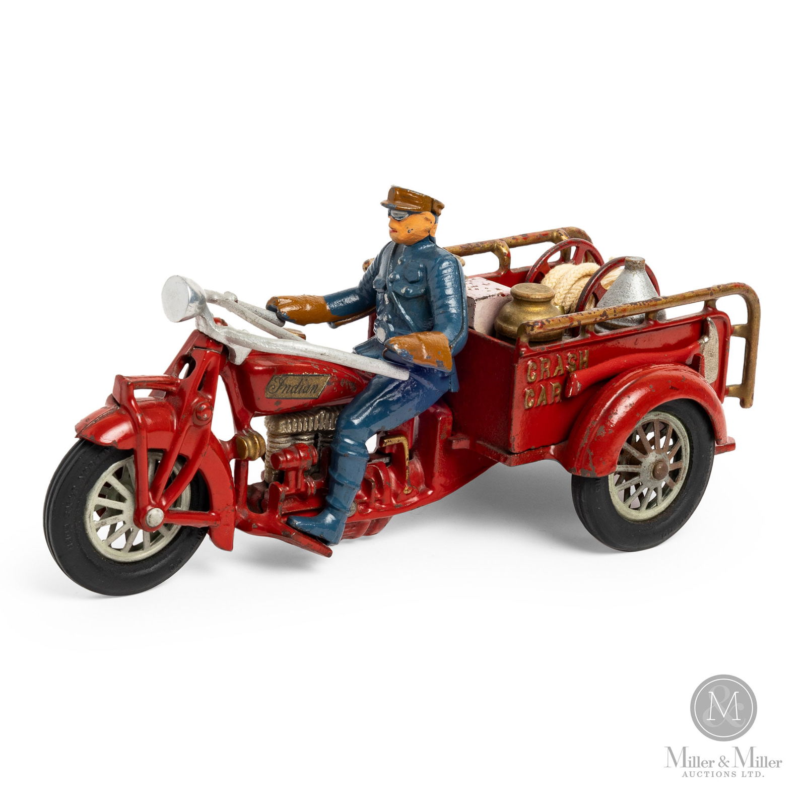 Hubley Indian Motorcycle "Crash Car": American. 1930s. Cast iron. The Hubley Manufacturing Company was founded in 1894 in Pennsylvania. The company's early beginnings focused on the production of cast-iron toys, including doorstops, booke