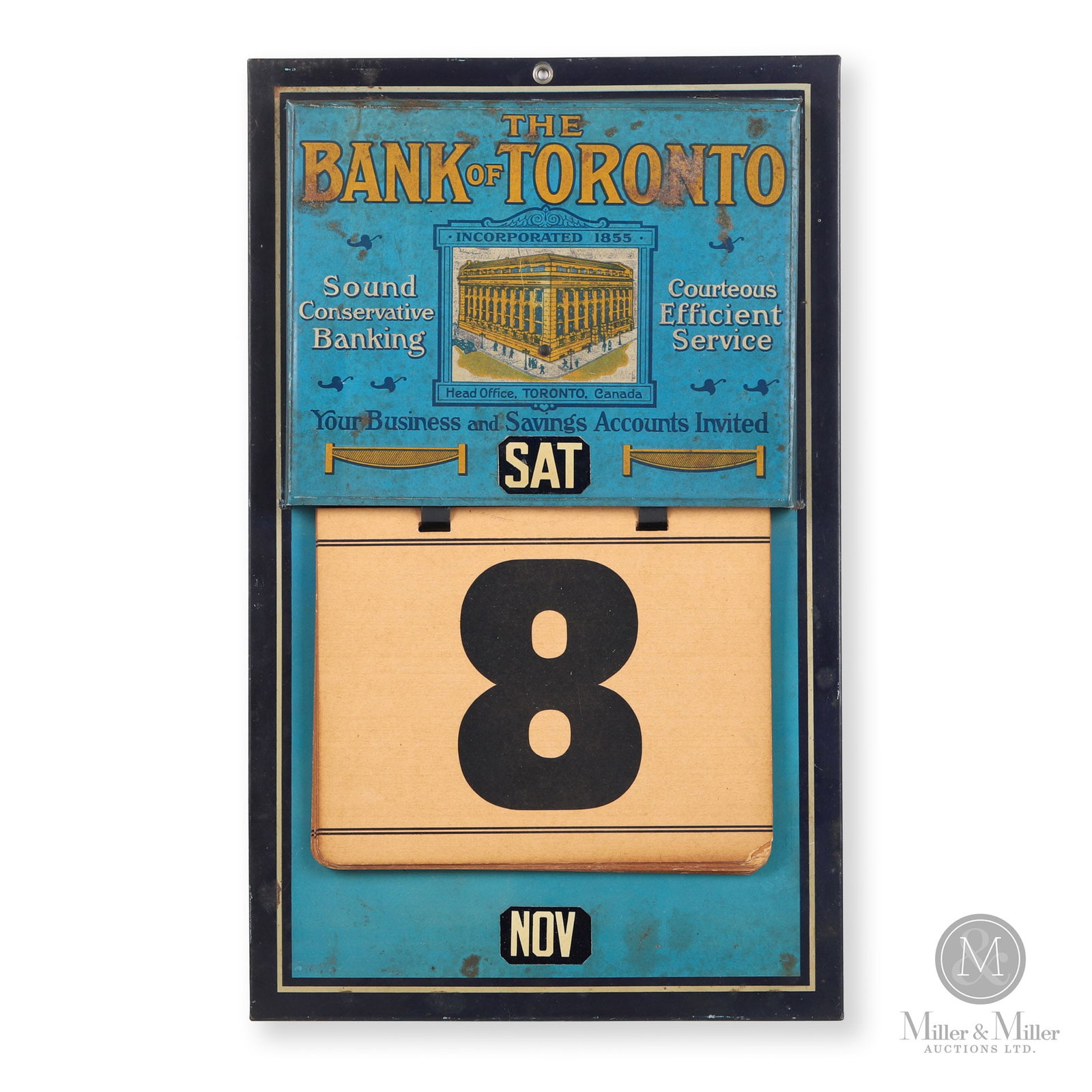 Bank of Toronto Factory Scene Calendar: Canadian. 1920s. Single-sided tin over cardboard (TOC). Marked, "The Thos Davidson Mfg Co. Limited, Toronto, Montreal, Winnipeg, Calgary, Saskatoon, Vancouver", on reverse. 19" x 12" x 1". Authenticat