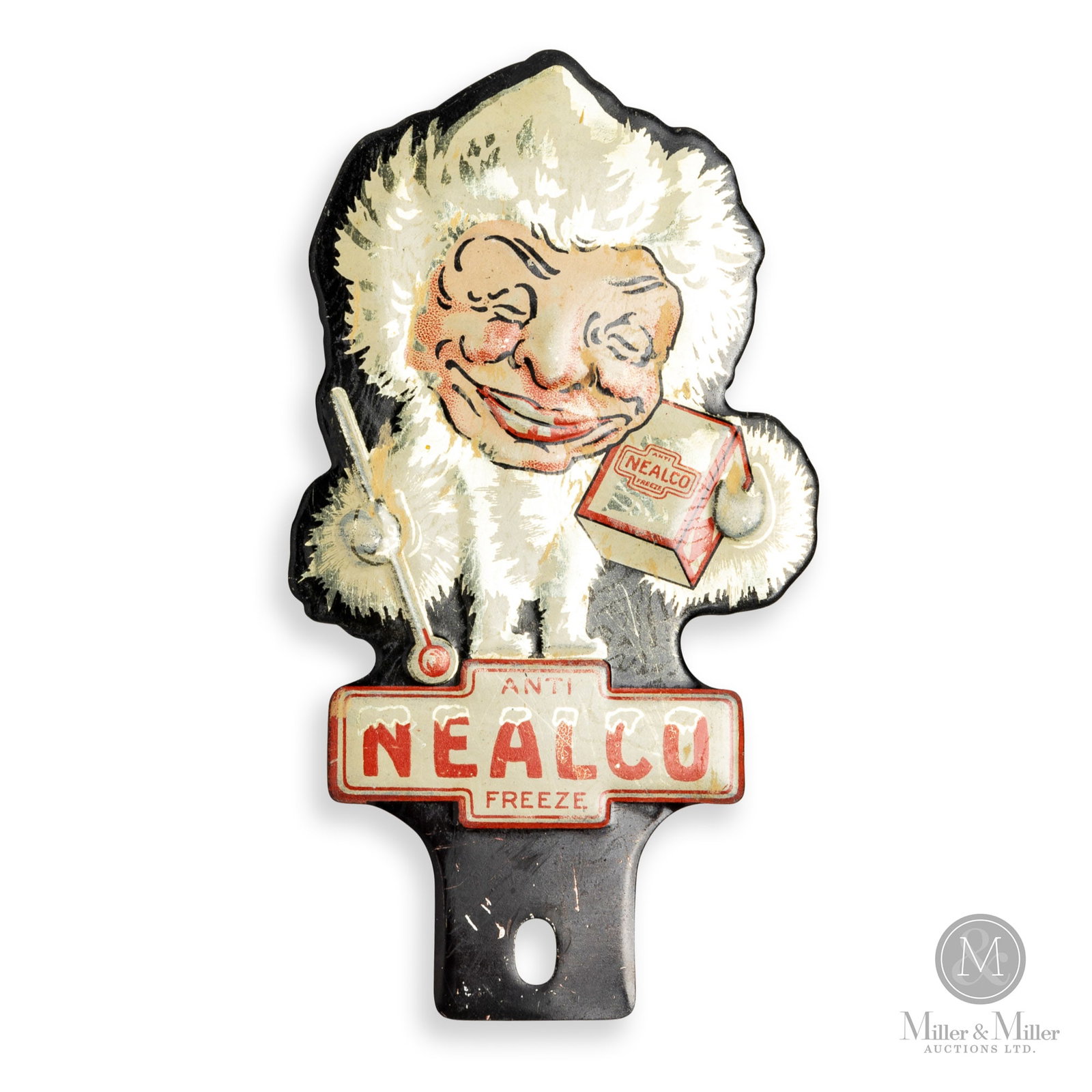 Nealco Anti Freeze License Plate Topper: American. 1940s. Embossed single-sided tin (ESST). 7" x 3.75". Authenticated by The Authentication Company (TAC #500629). From the Norm West Collection.