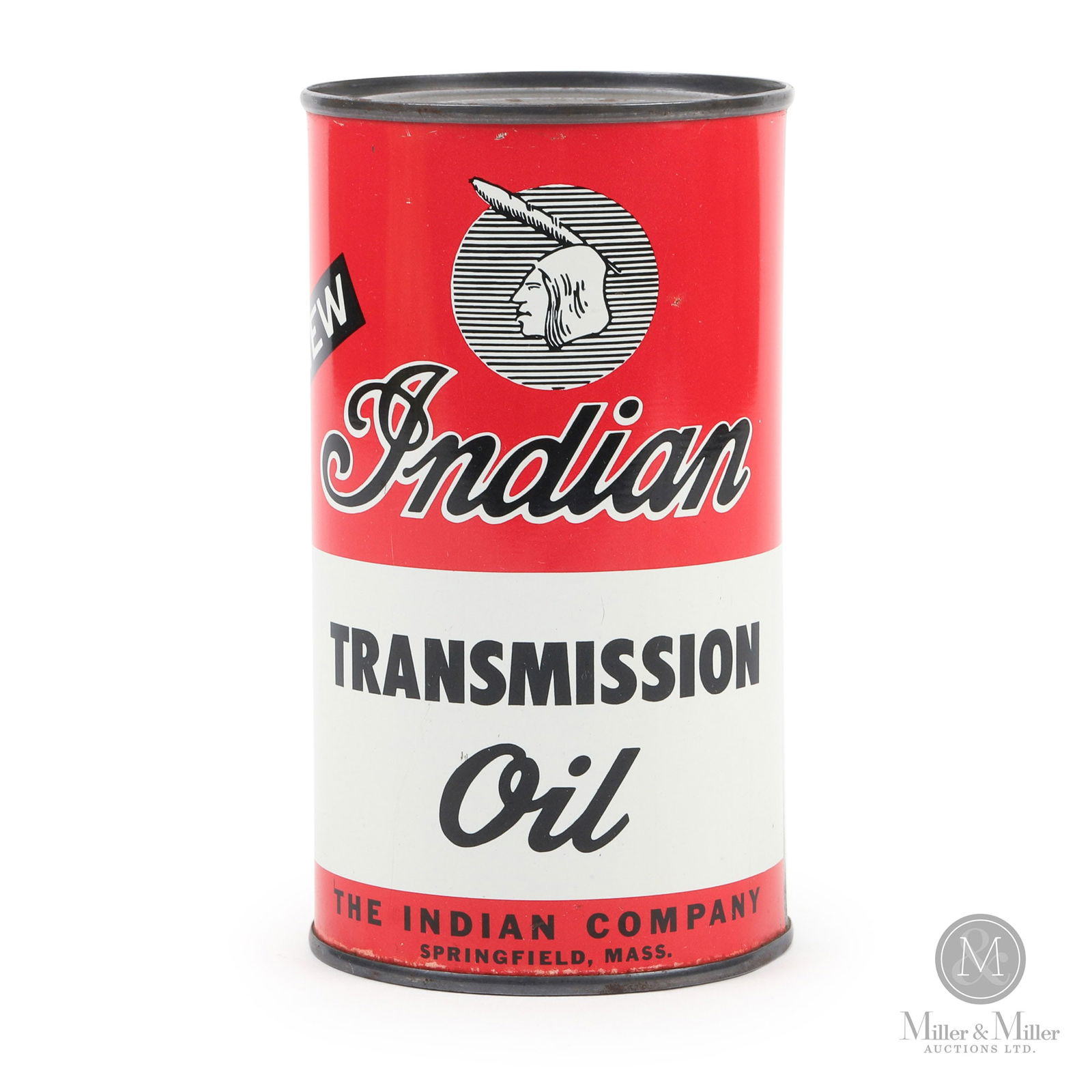 Indian Motorcycle Transmission Oil 1 U.S. Pint Can: American. 1940s. Lithographed tin. Marked, "The Amer Can Co. CANCO Reg U.S. Pat Off.", lower quarter next to seam. 5.25" x 3". Authenticated by The Authentication Company (TAC #500672). From the Norm