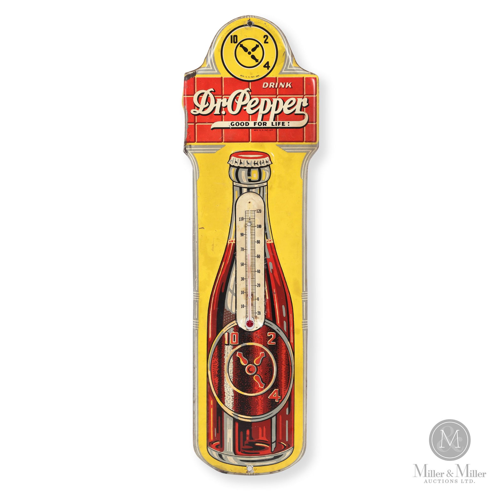 Dr. Pepper "10-2-4 Bottle" Thermometer: American. 1930s. Embossed die-cut single-sided tin (SST). The Dr Pepper "10-2-4" slogan originated in the 1920s from a marketing campaign that capitalized on a 1920s Columbia University study suggesti