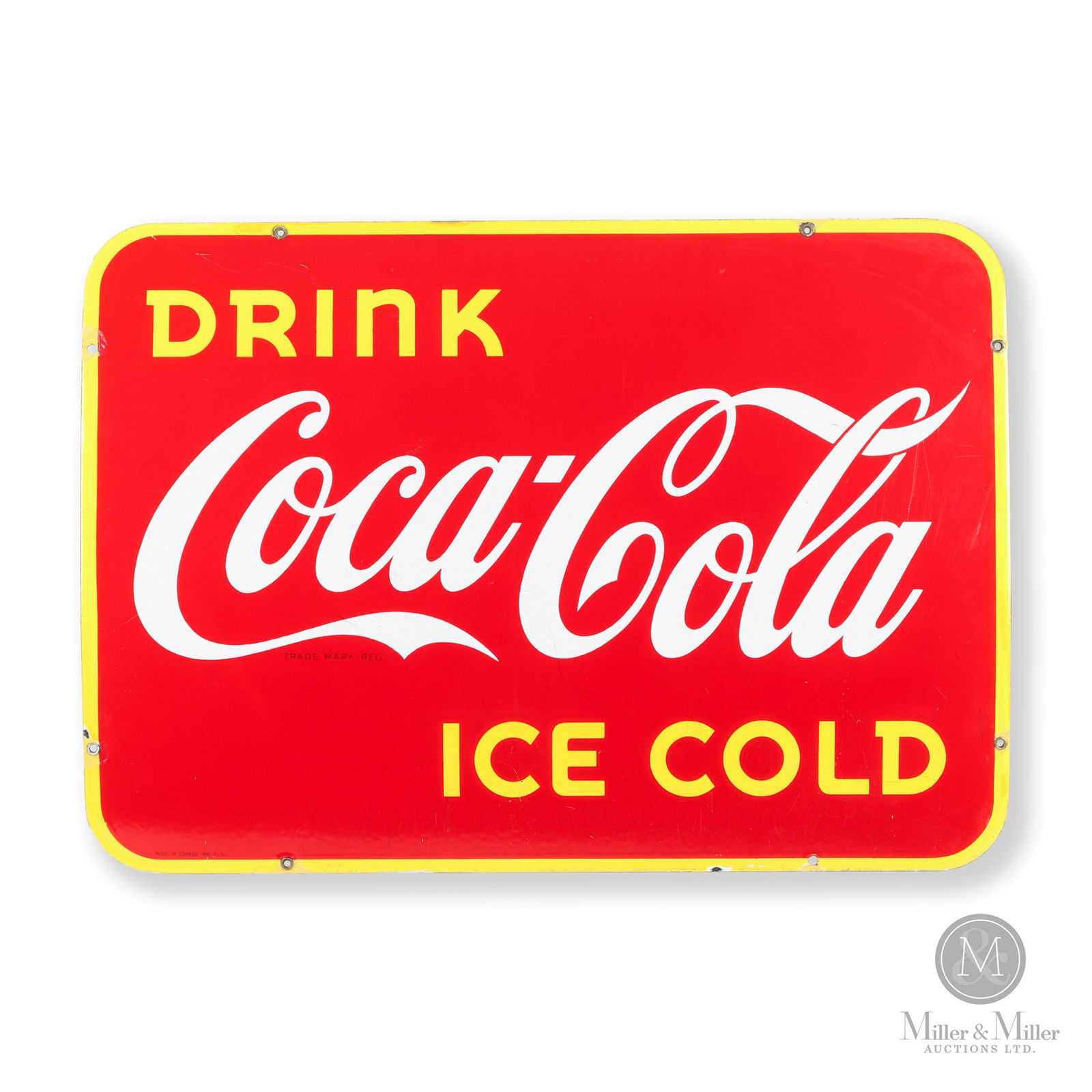 Coca-Cola Large 1946 Door Kick Sign: Canadian. 1946. Single-sided porcelain (SSP). Marked, "Made in Canada - 1946 - P & M", at lower left edge. (TAC #500886).