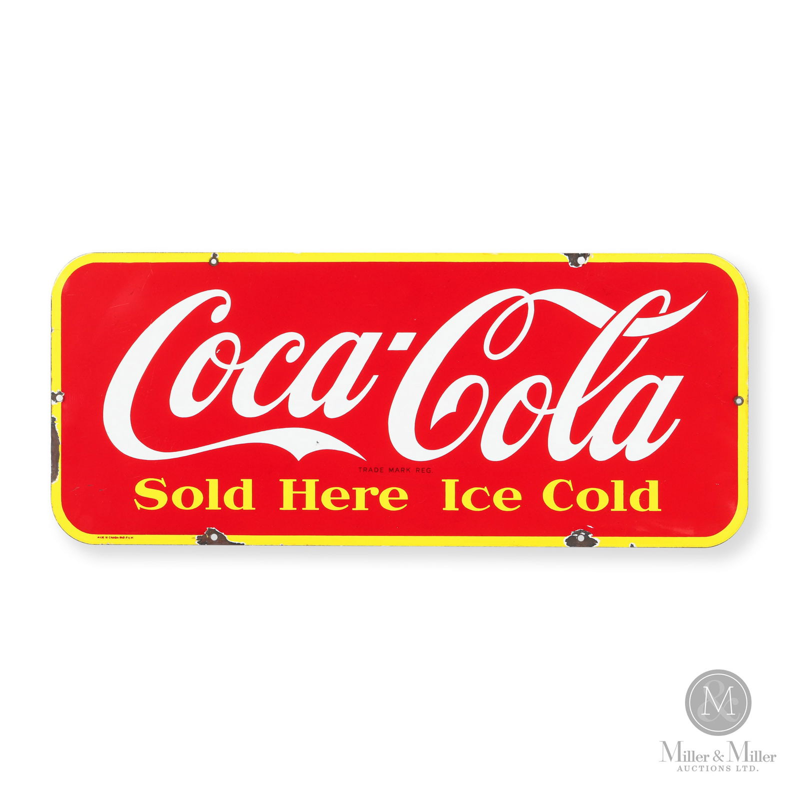 Coca-Cola 1948 Door Kick Sign: Canadian. 1948. Single-sided porcelain (SSP). Marked, "Made in Canada - 1948 - P&M", bottom left corner. Authenticated by The Authentication Company (TAC #500894). All items are guaranteed authentic b