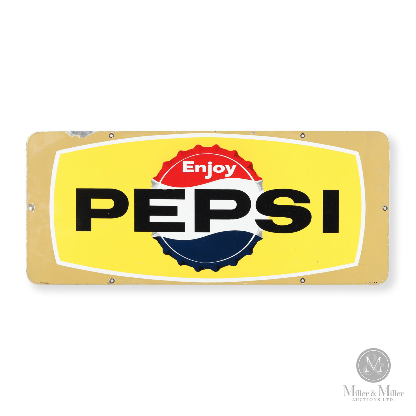 Pepsi-Cola "Bottle Cap" Door Kick Sign: Canadian. 1950s. Single-sided porcelain (SSP). Marked, "P&M Orillia", bottom left. Marked, "301-24E", bottom right corners. Authenticated by The Authentication Company (TAC #500893). All items are gua