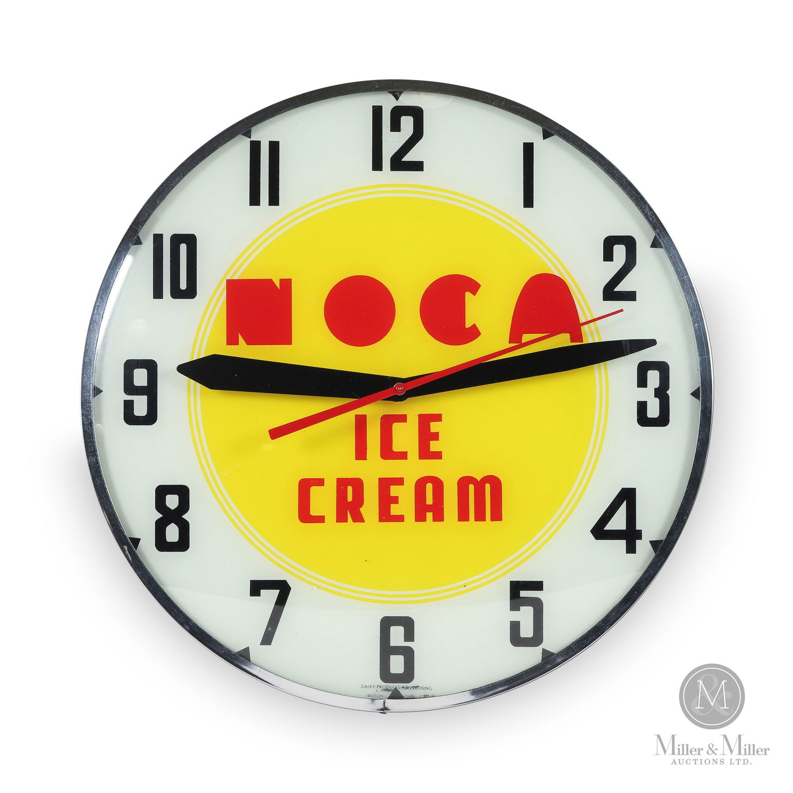 NOCA Ice Cream Clock: Canadian. Reverse-painted glass (RPG) dial. All items are guaranteed authentic by Miller & Miller Auctions.