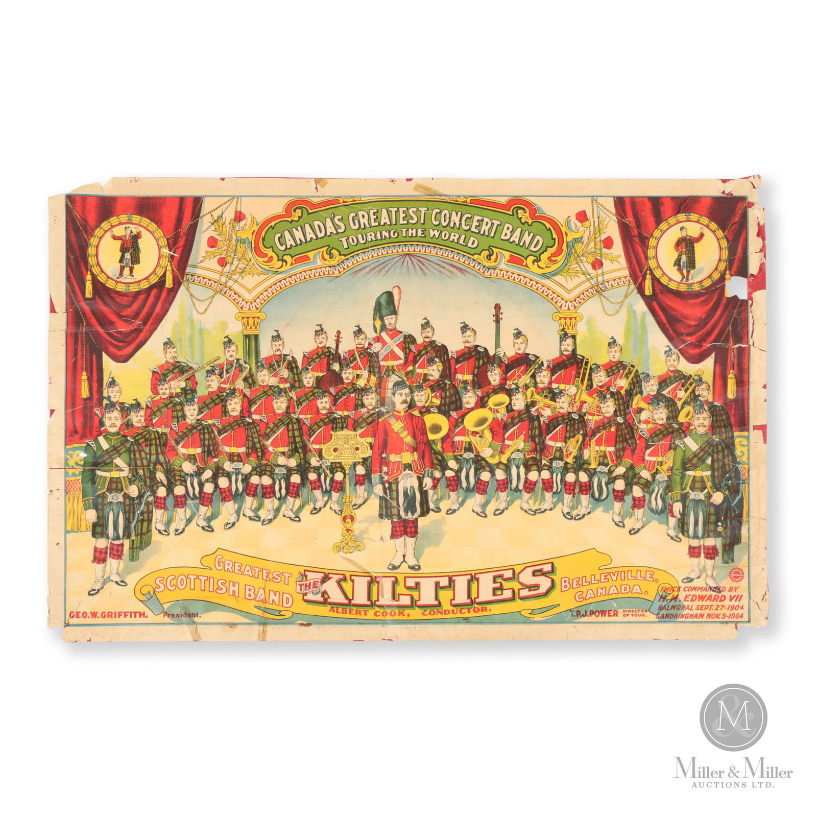 "The Kilties" Band Lithograph: Printed in the U.S.A. for the Canadian market. Early 1900s. Lithographed paper. The Kilties were an internationally touring Scottish-Canadian band that was formed in 1902. The band was based in Bellev
