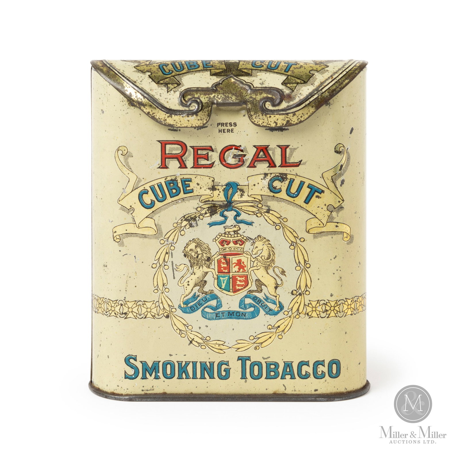 "Regal" Pocket Tobacco Tin: Canadian. Late 1920s-1930s. Lithographed tin. An early pocket tobacco tin, with flip-top lid, from the Imperial Tobacco Company of Canada (founded in 1906). The "flip-top" lids were used in Canada on 