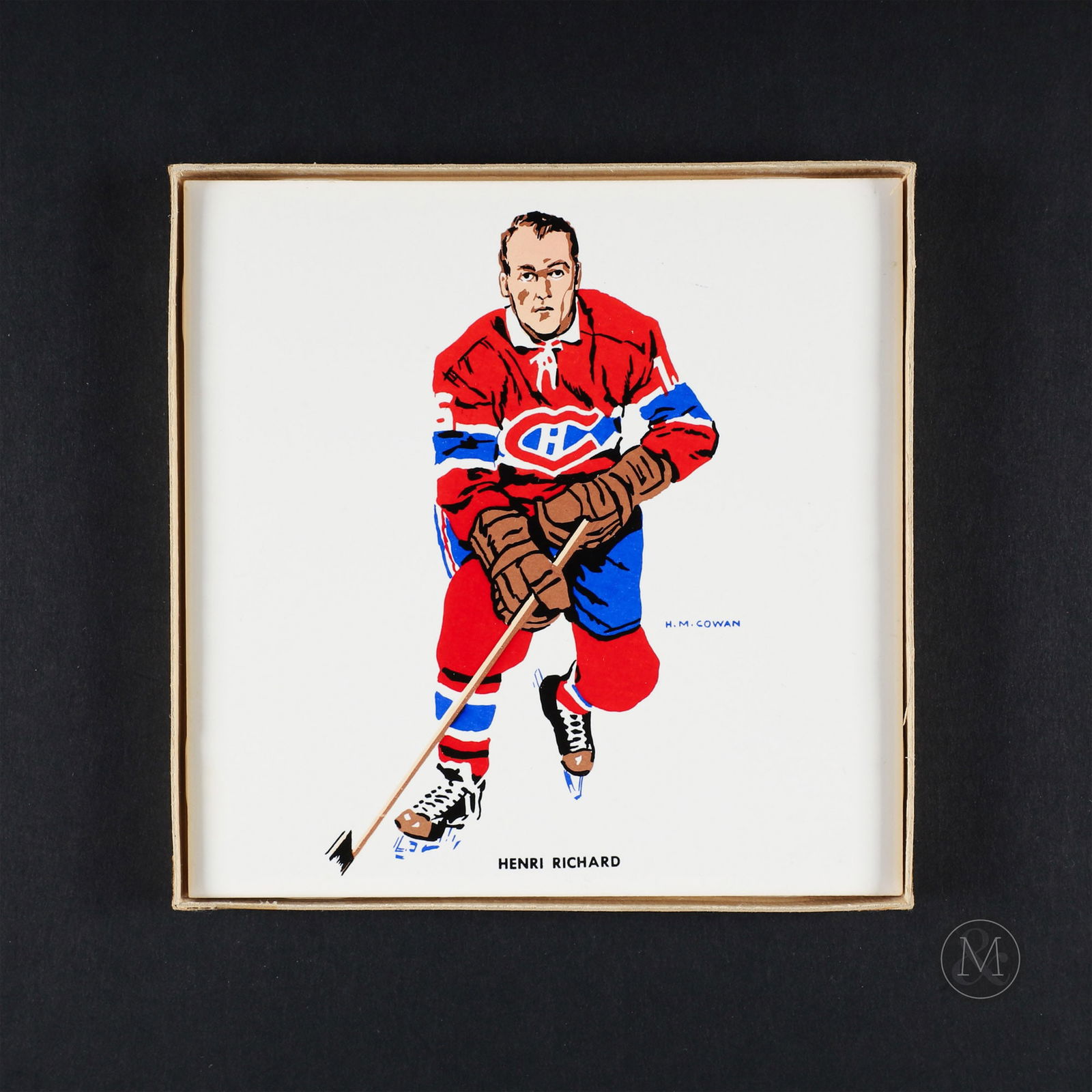 1962-1963 Henri Richard H.M. Cowan Tile: The H.M. Cowan hockey tiles, referred to as "Cowan Tiles," offered here features Montreal legend Henri Richard. The hockey tiles are a unique and collectible piece of hockey memorabilia, featuring vib