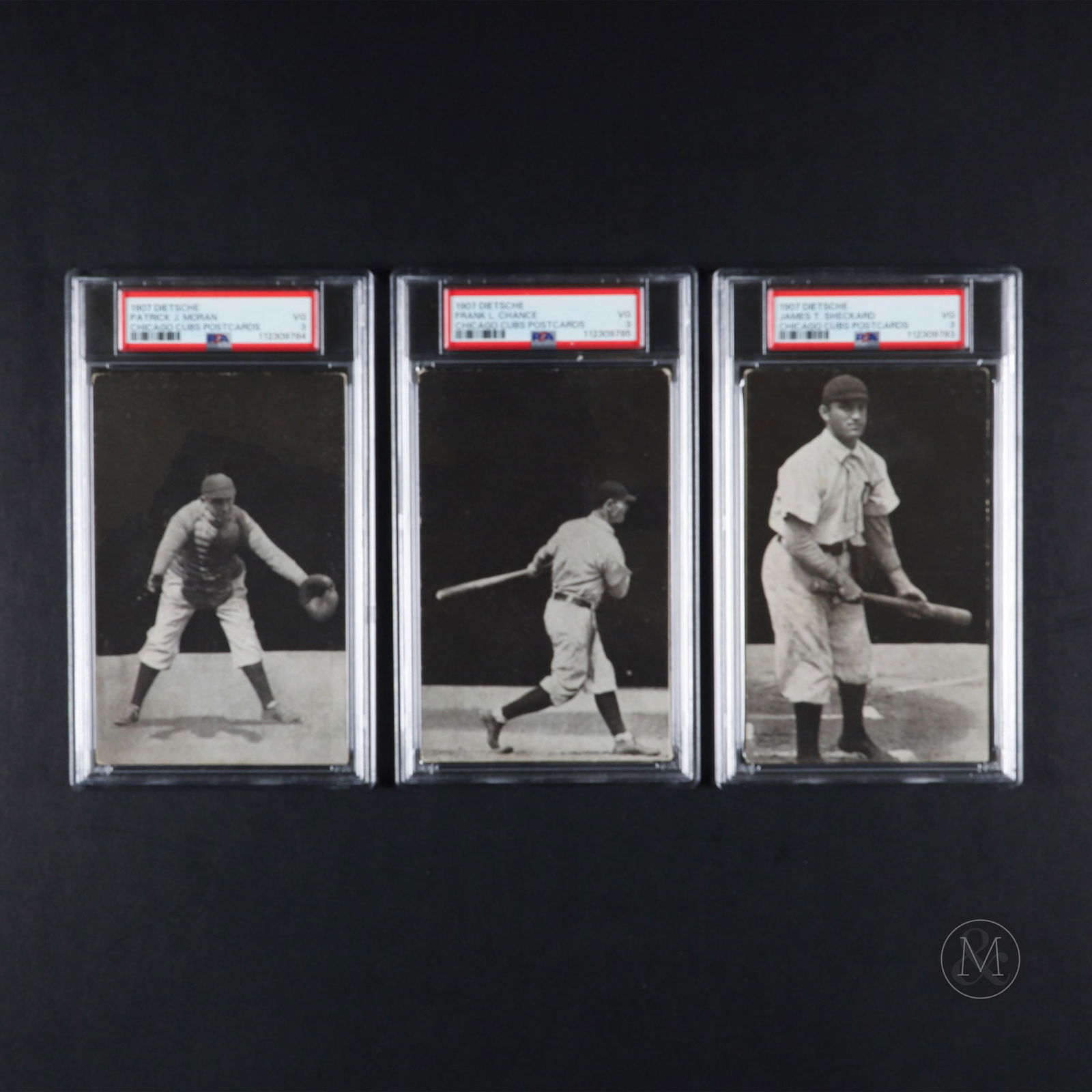 1907 Dietsche Chicago Cubs Postcards (Moran, Scheckard, Chance): A scarce grouping, this trio of 1907 Dietsche Chicago Cubs postcards reside with a PSA population of 10 or less in all three cases. The Chicago Cubs group was offered in a 15-card set with Frank Chanc