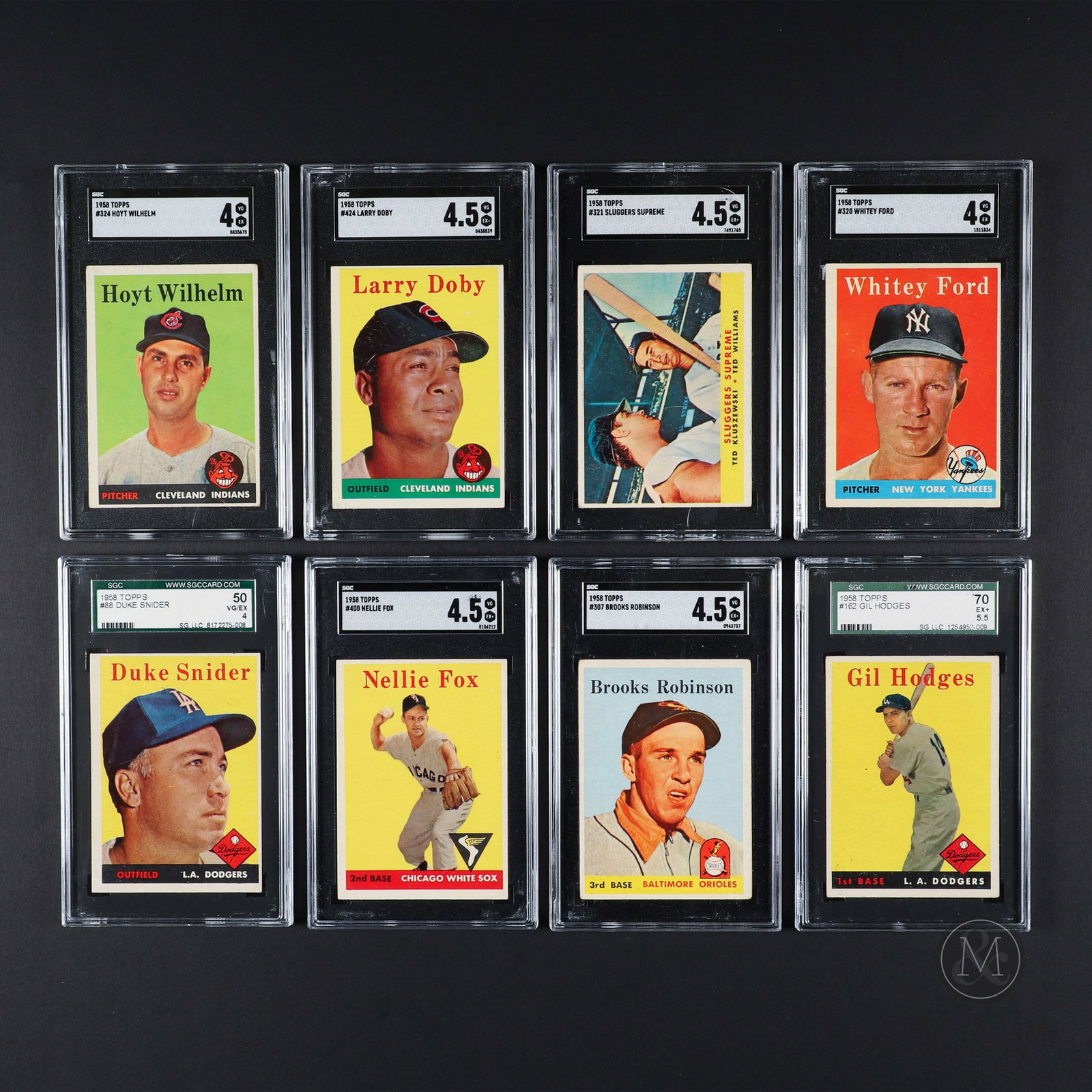 1958 Topps SGC Graded HOF Group (8): The group of eight SGC graded cards offered here includes eight Hall of Fame inclusions from the 1958 set. The group includes #88 Duke Snider, #162 Gil Hodges, #307 Brooks Robinson, #320 Whitey Ford, 