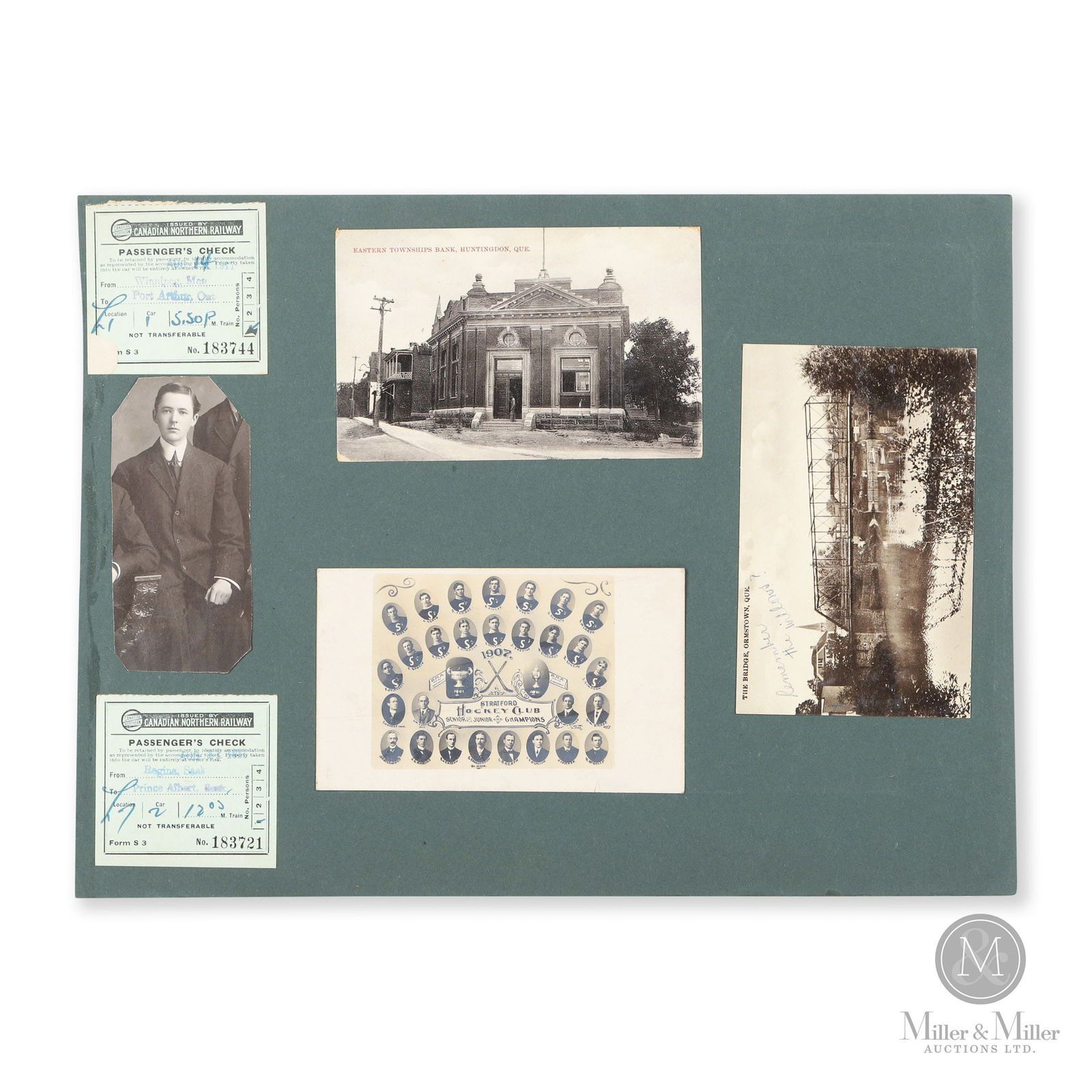 1907 Stratford Hockey Postcard w/ Others: Featuring the Rankin family, the central bottom postcard shows the 1907 Stratford Hockey Club- winners of the 1907 O.H.A. Championship. The postcard features Hall of Fame inductee Frank Rankin, one of