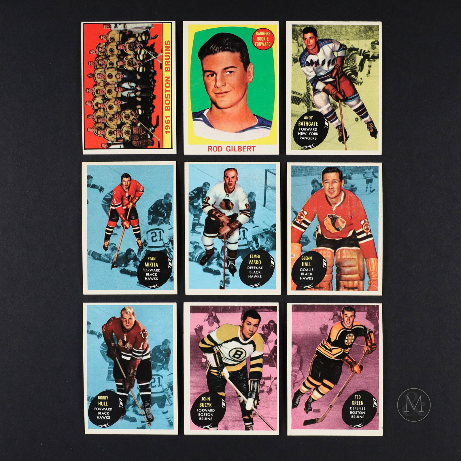 1961 Topps Hockey Partial Set (57/66) w Doubles (13): The 1961 Topps hockey set offered here includes 57 of the 66 cards in the set as well as 13 doubles. Notably, the group includes card #2 Ted Green RC, #62 Rod Gilbert RC, as well as key Hall of Fame e
