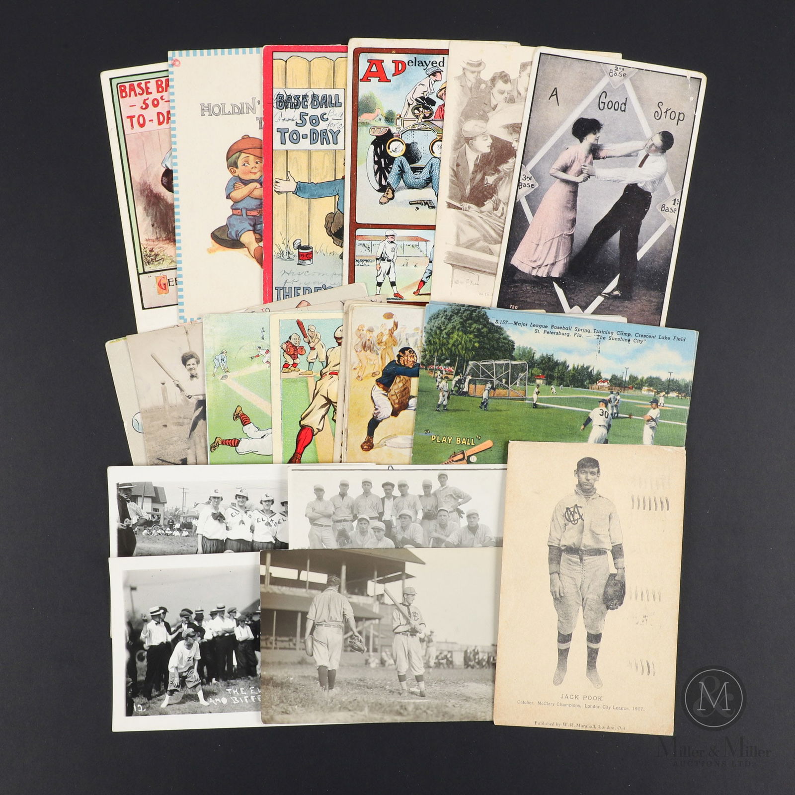 C. 1900 Baseball Postcards (24): A diverse offering, this group of 24 postcards includes 18 illustrated postcards featuring valentines like images or comic-like humour. Additionally, six postcards feature real images, with four being