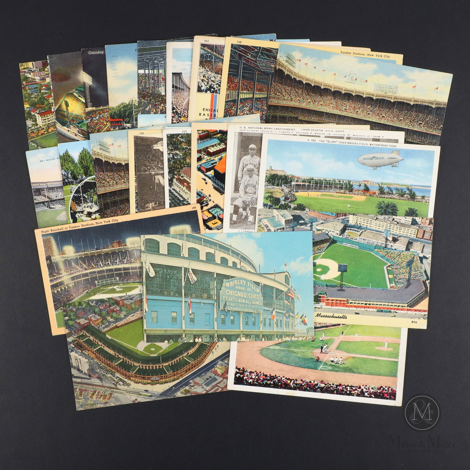 C. 1950 Baseball Stadium Postcards (25): The group of 26 postcards offered here includes images of stadiums from across the Major Leagues at the midpoint of the 20th century. Notable parks included in this group are Yankee Stadium (5), Wrigl