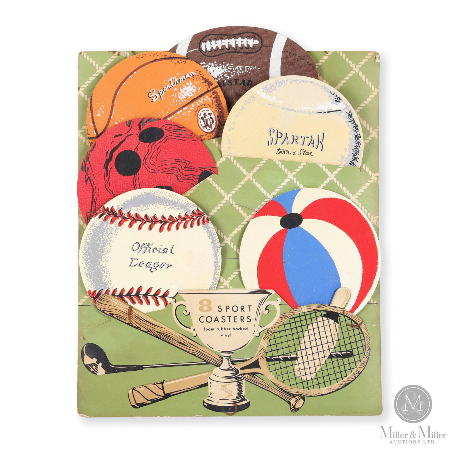 Sport Coasters Advertising Store Display: A unique store display- this cardboard advertising display holds six of the original 8 drink coasters that would have resided in the original holding slots. Size 13" x 10.5". Condition The colour on t