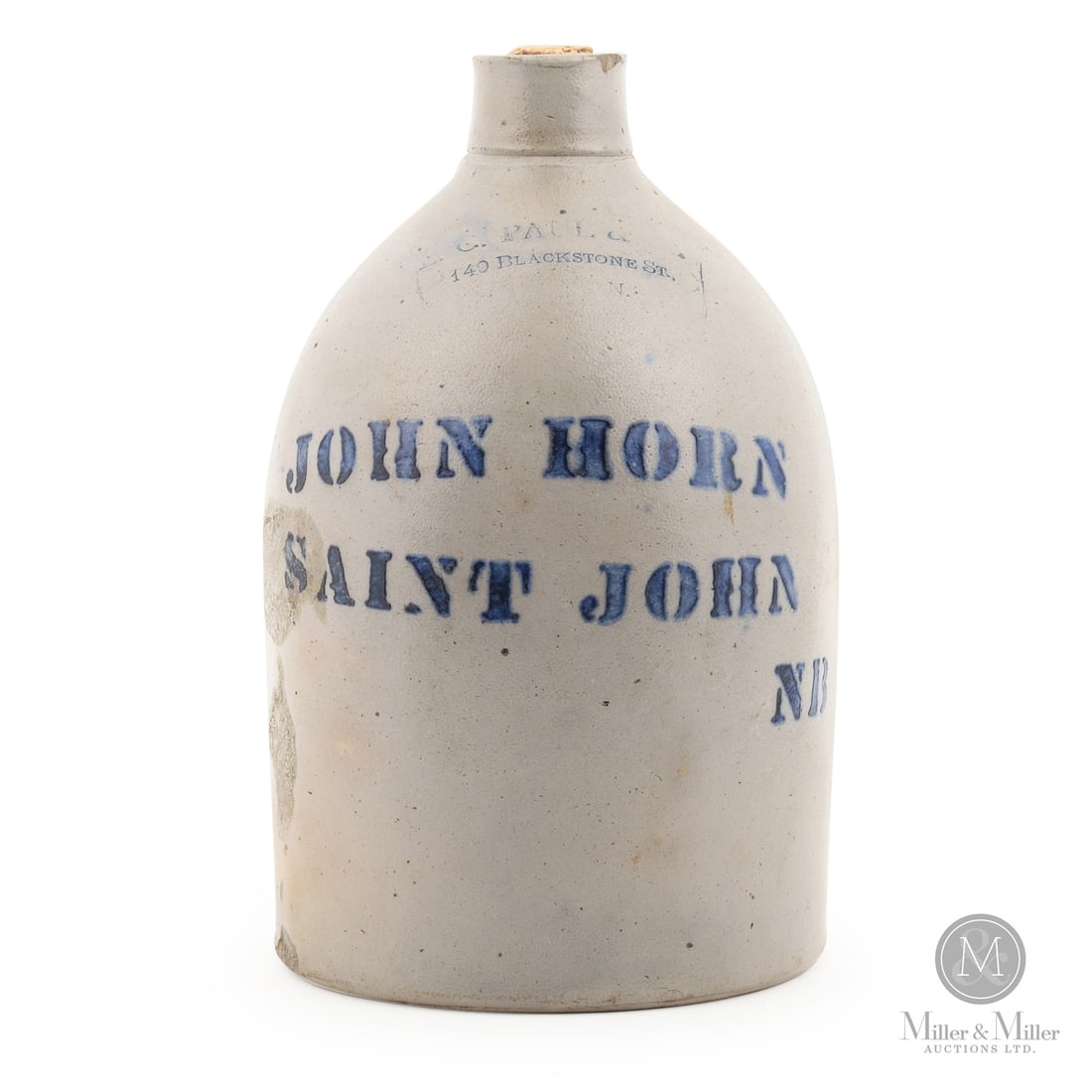 Horn, Saint John Jug: Canadian. 1880-1890. John Horn merchant jug from Saint John, New Brunswick. Jug made and marked by L.C. Paul & Co. of Boston, Mass.Size12.5" x 7.5" (bottom diameter)ConditionVery good condition.