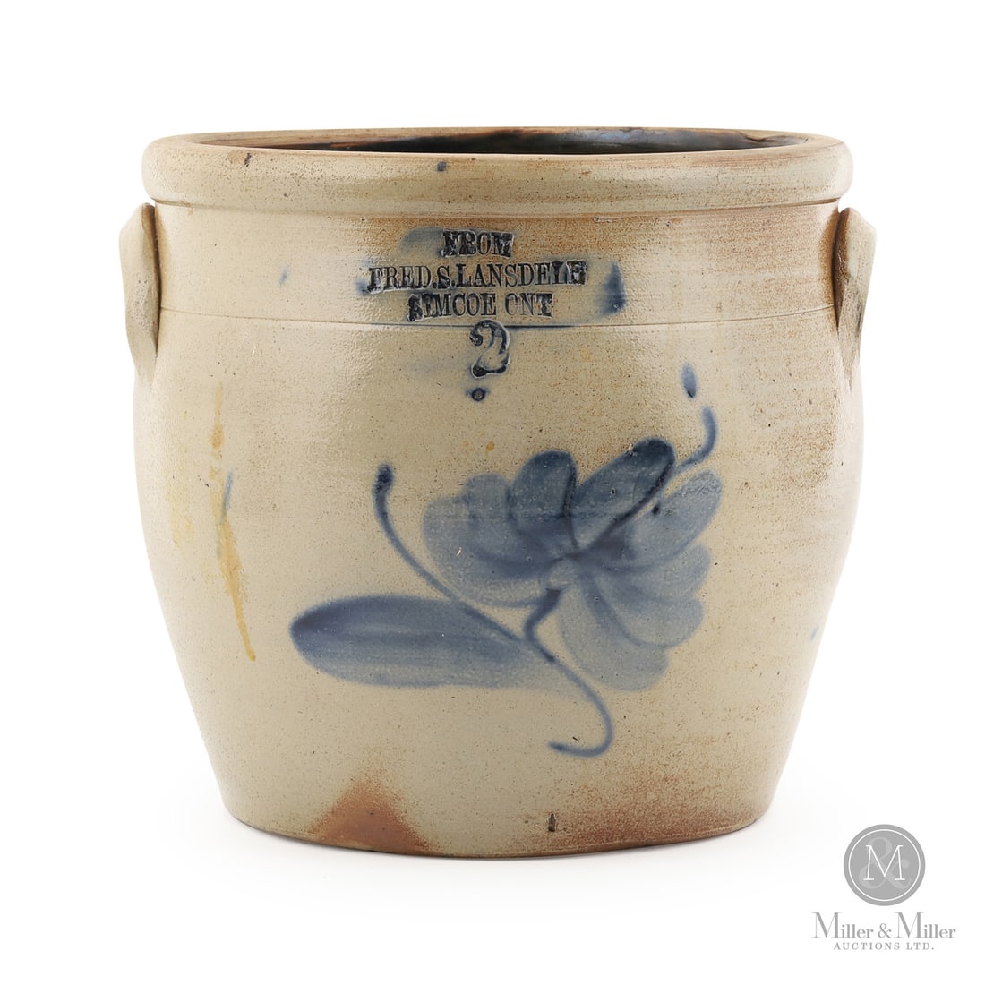 Lansdele, Simcoe 2 Gal Cream Crock: Canadian. 1873-1884. Fred. S. Lansdele 2 gal cream crock from Simcoe, Ontario. Attractive single flower decoration likely made by the Schuler Pottery, Paris Ontario. Lovely form and salt-glaze to