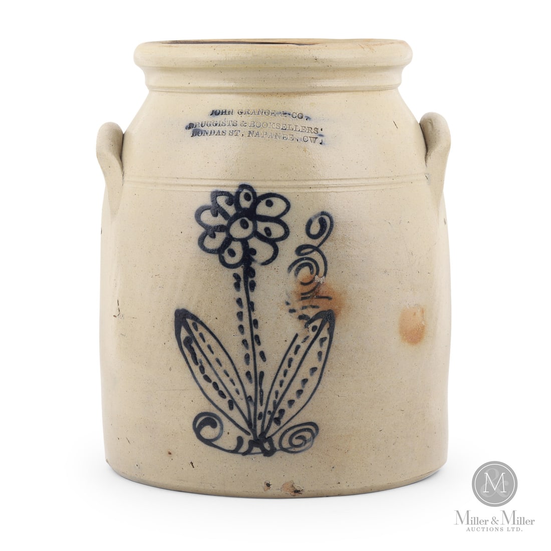 Grange, Napanee CW 3 Gal Cream Crock: Canadian. 1857-1867. John Grange & Co. 3 gal cream crock from Napanee, Canada West. Lovely single flower from Samuel Skinner's Picton Pottery.Size12.5" x 10.5" x 10".ConditionVery good condition.