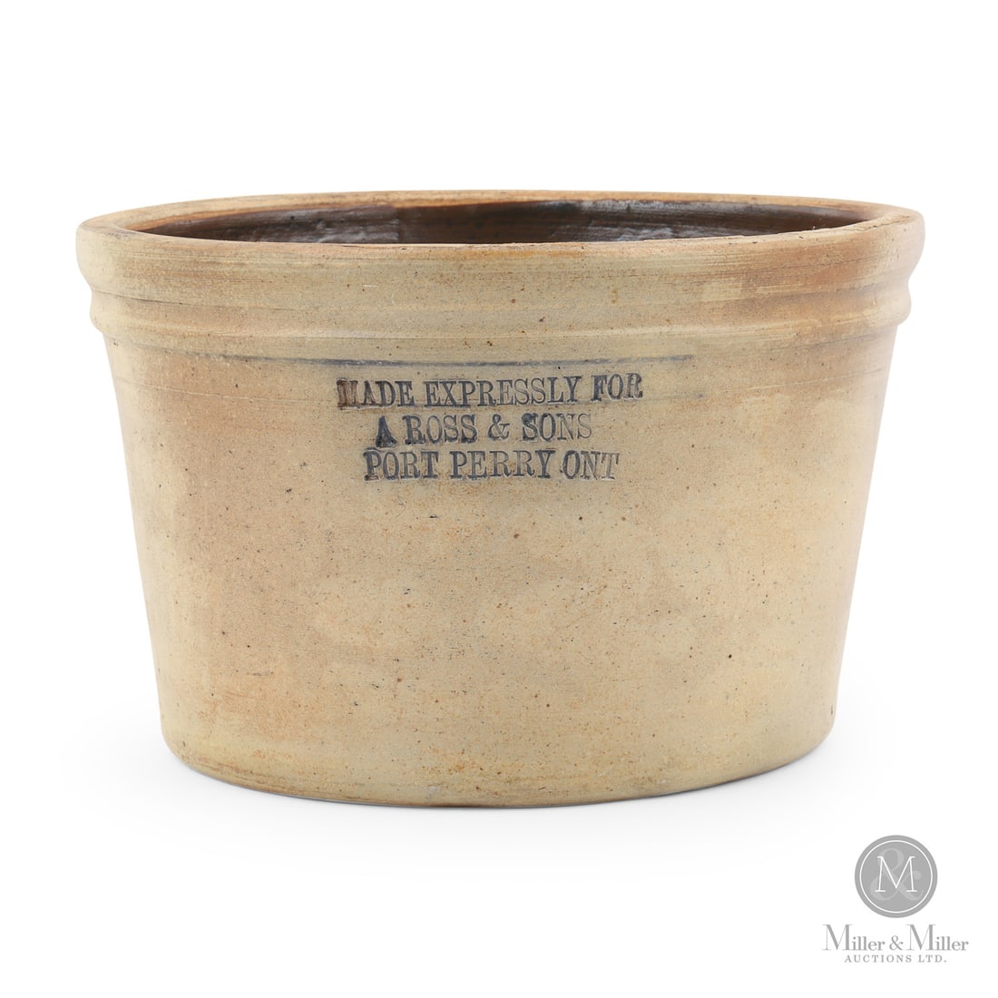 Ross & Sons, Port Perry Bowl: Canadian. 1880-1900. A Ross & Sons small bowl from Port Perry, Ontario. A scarce form to find marked.Size6" x 9.25" (top diameter).ConditionNear mint.MediumStoneware.SignatureStamped, "Made Expressly