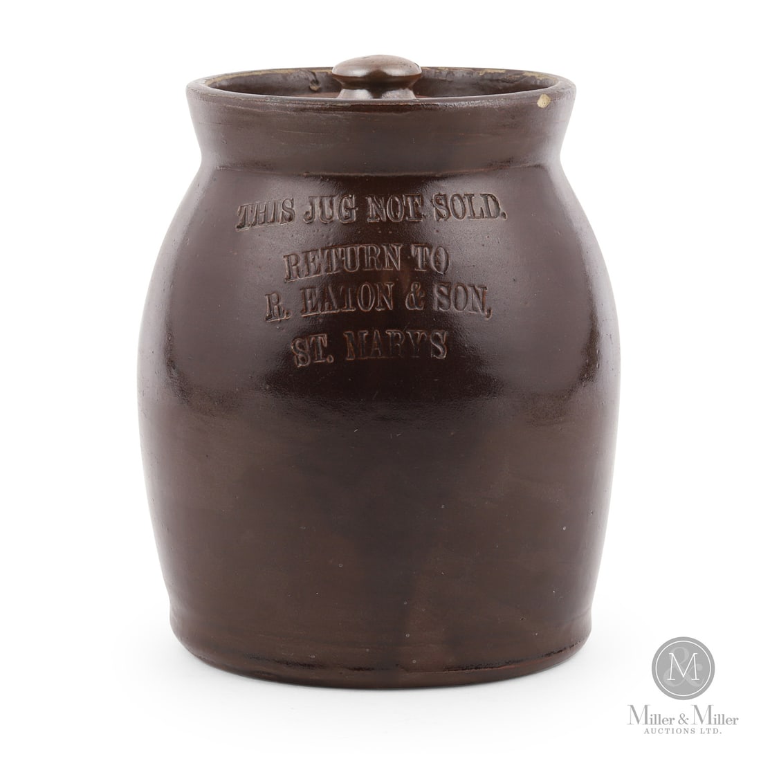 Eaton & Son, St. Marys 1/4 Gal Tea Crock: Canadian. 1880-1890. R. Eaton & Son 1/4 gal tea crock from St. Mary's, Ontario. This small handled jar is a scace tea crock form rarely found marked.Size6.5" x 5" Dia.ConditionVery good condition.