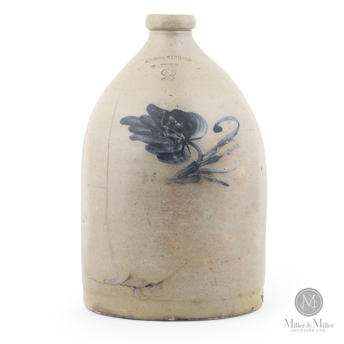 Randall, Waterloo 2 Gal Jug: Canadian. 1860-1870. George Randall 2 gal jug from Waterloo, Ontario. Single flower that is most likely from the Brantford Pottery. This lot includes five framed billheads from the Randall
