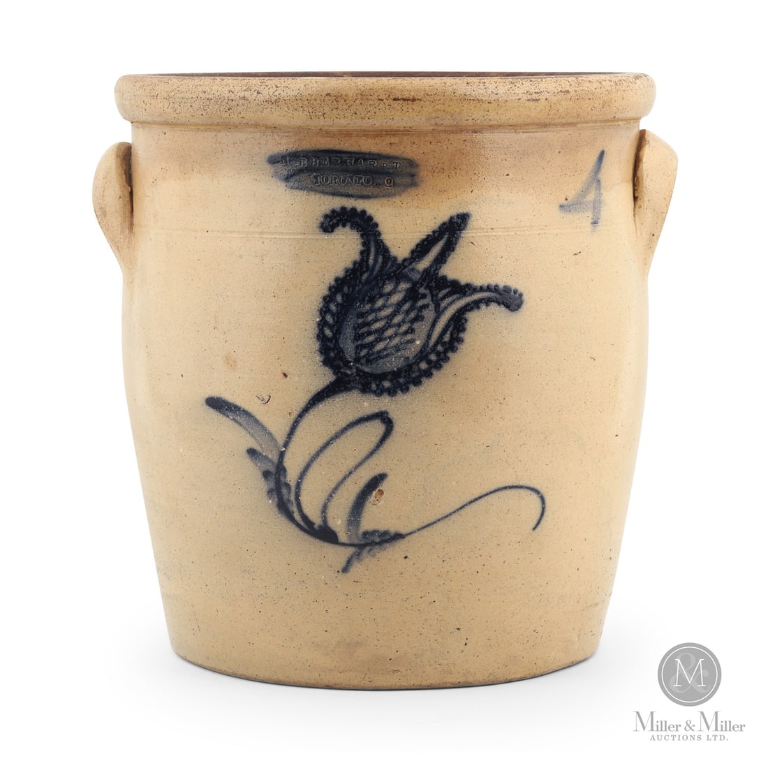 Eberhardt, Toronto 4 Gal Cream Crock: Canadian. 1867-1879. Nicholas Eberhardt 4 gal cream crock from Toronto, Ontario. Unusual and dramatic single flower decoration.Size13" x 13" x 12".ConditionLight spalling and stain, mostly rear. 12"