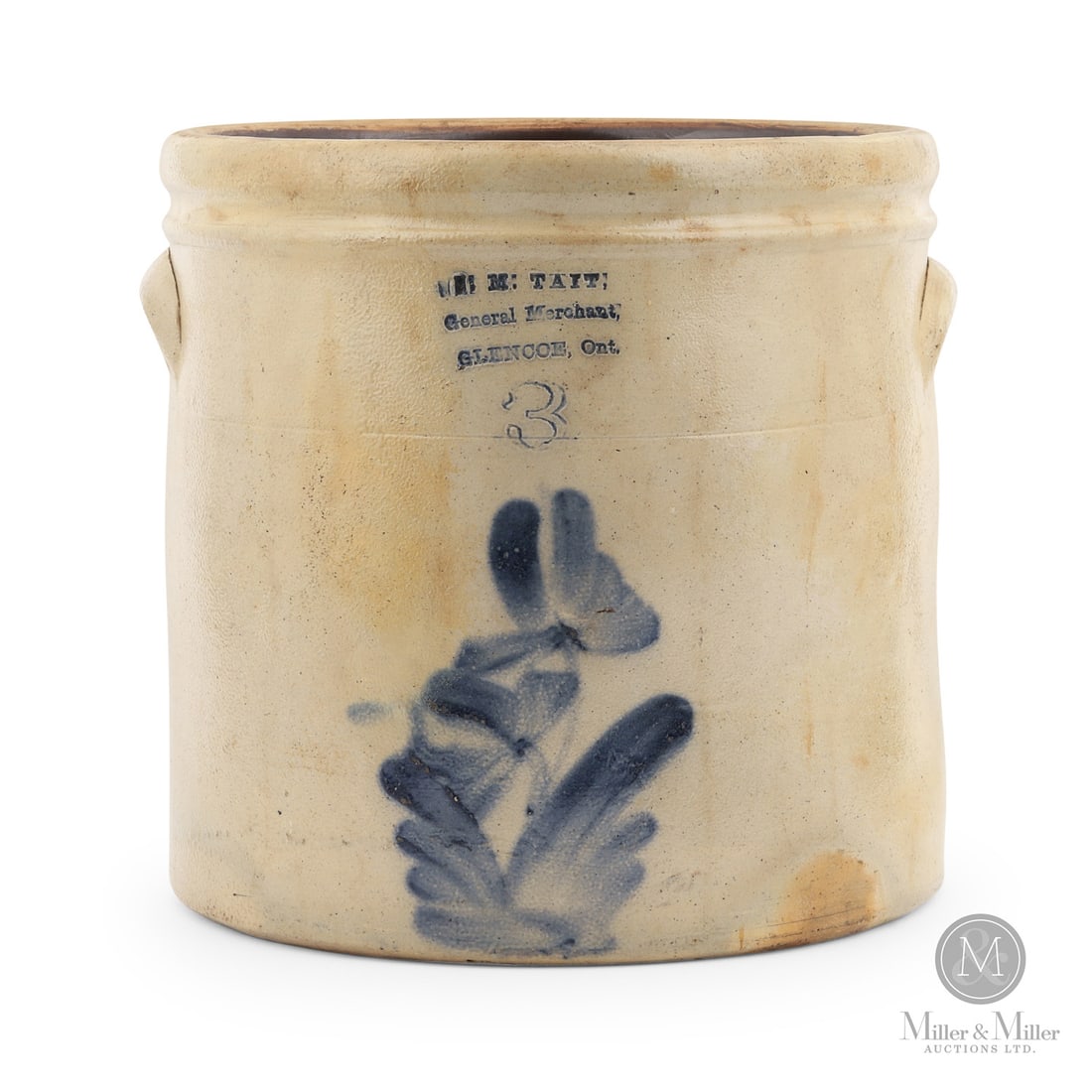 Tait, Glencoe 3 Gal Butter Crock: Canadian. 1880-1890. M. Tait 3 gal butter crock from Glencoe, Ontario. Double flower decoration from the Welding Brantford Pottery. Scarce small town crock.Size10.25" x 11" x 10.25".ConditionVery