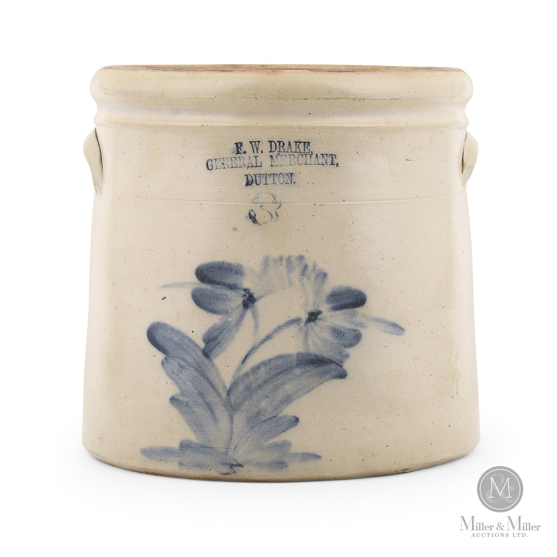 Drake, Dutton 3 Gal Butter Crock: Canadian. 1880-1890. F.W. Drake 3 gal butter crock from Dutton, Ontario. Scarce small town crock.Size10.25" x 11" x 10.25".ConditionVery good condition. 6" hairline rear with associated