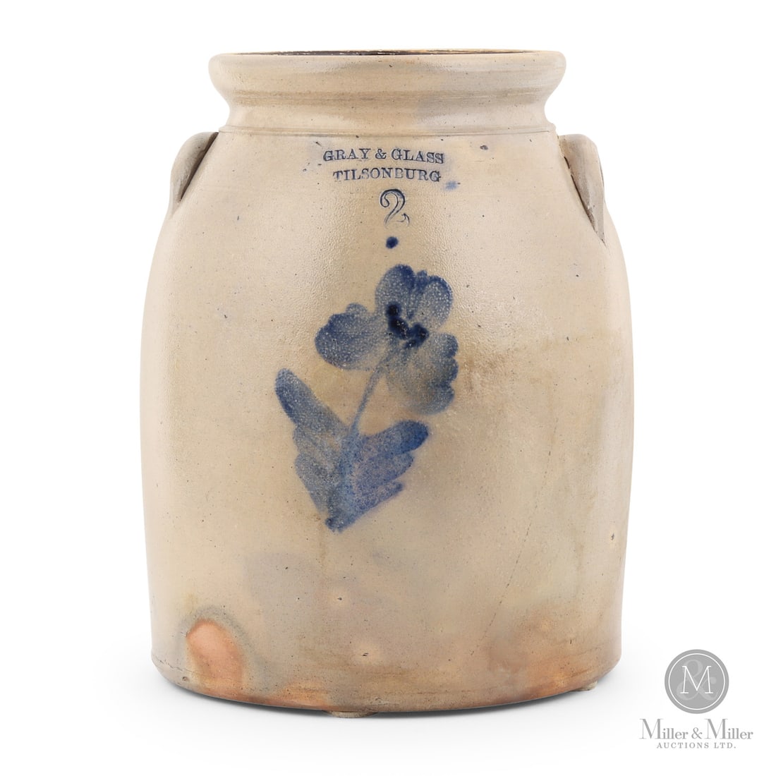 Gray & Glass, Tilsonburg 2 Gal Jug: Canadian. 1886. Gray & Glass 2 gal cream crock from Tillsonburg, Ontario. William Gray and Frank Glass operated the Tillsonburg Pottery for just one year in 1886, making this a rare mark. Single