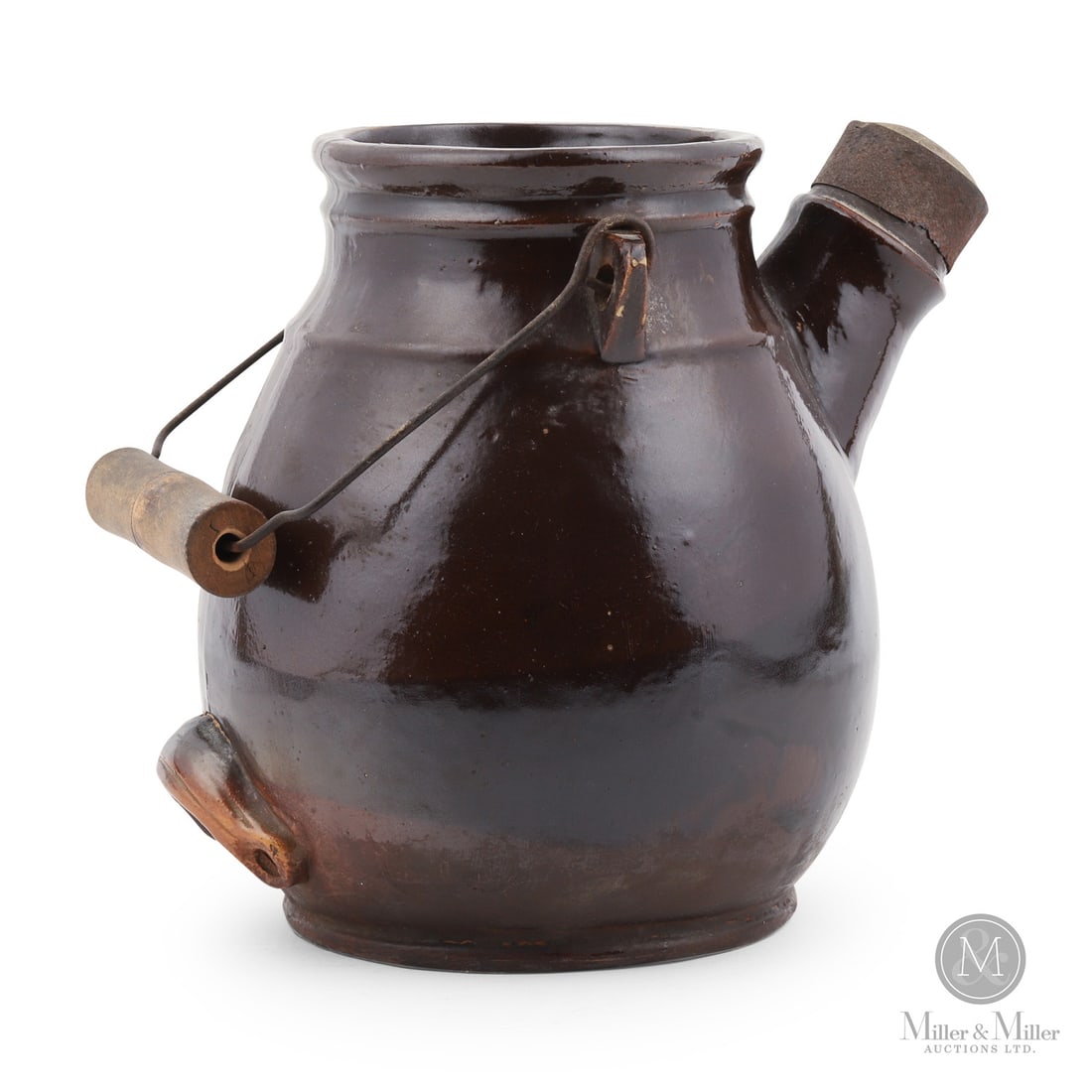 Welding, Brantford Batter Jug: Canadian. 1873-1894. William E. Welding batter jug from Brantford, Ontario. A scarce form seldom found marked. Comes with its original bail handle and tin spout cover.Size7.75" x 8" x