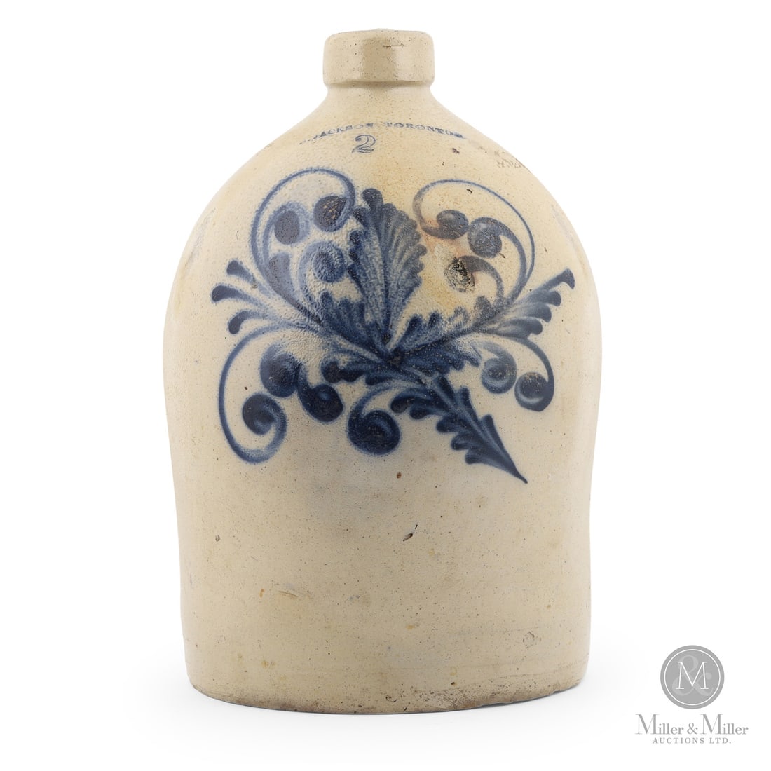Jackson, Toronto 2 Gal Jug: Canadian. 1856-1863. J. Jackson 2 gal jug from Toronto. Extraordinary abstract decoration. Most likely made by Warner & Company Toronto Canada West and dating between 1856-1863.Size13.75" x 8.5"