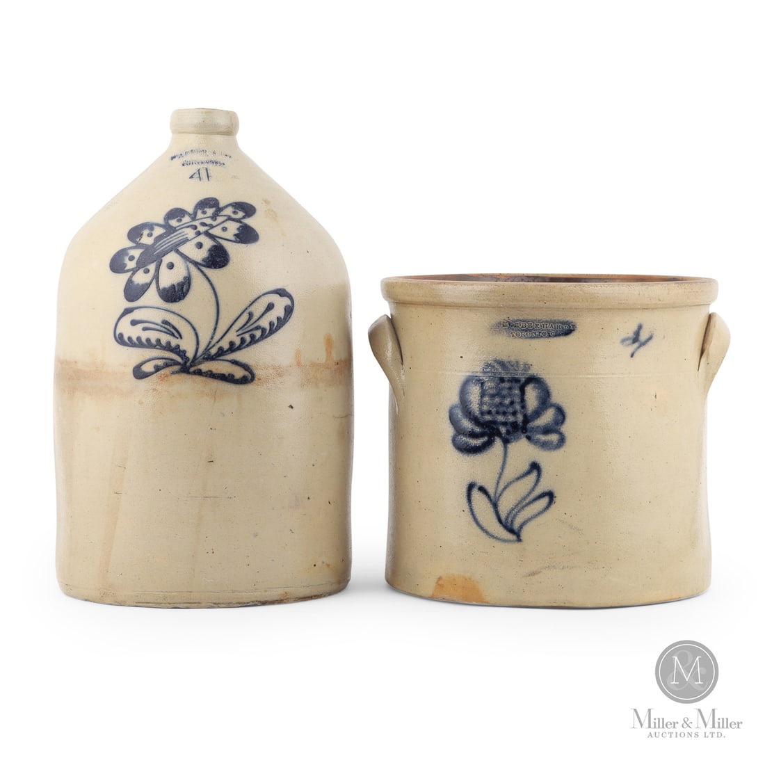 Pair of Toronto CW Crocks: Canadian. 1856-1865. A pair of Toronto, Canada West era crocks. Left is a Warner & Company 4 gal jug. While there is no CW on this one, Warner operated from 1856-1863. Terrific and unusual flower