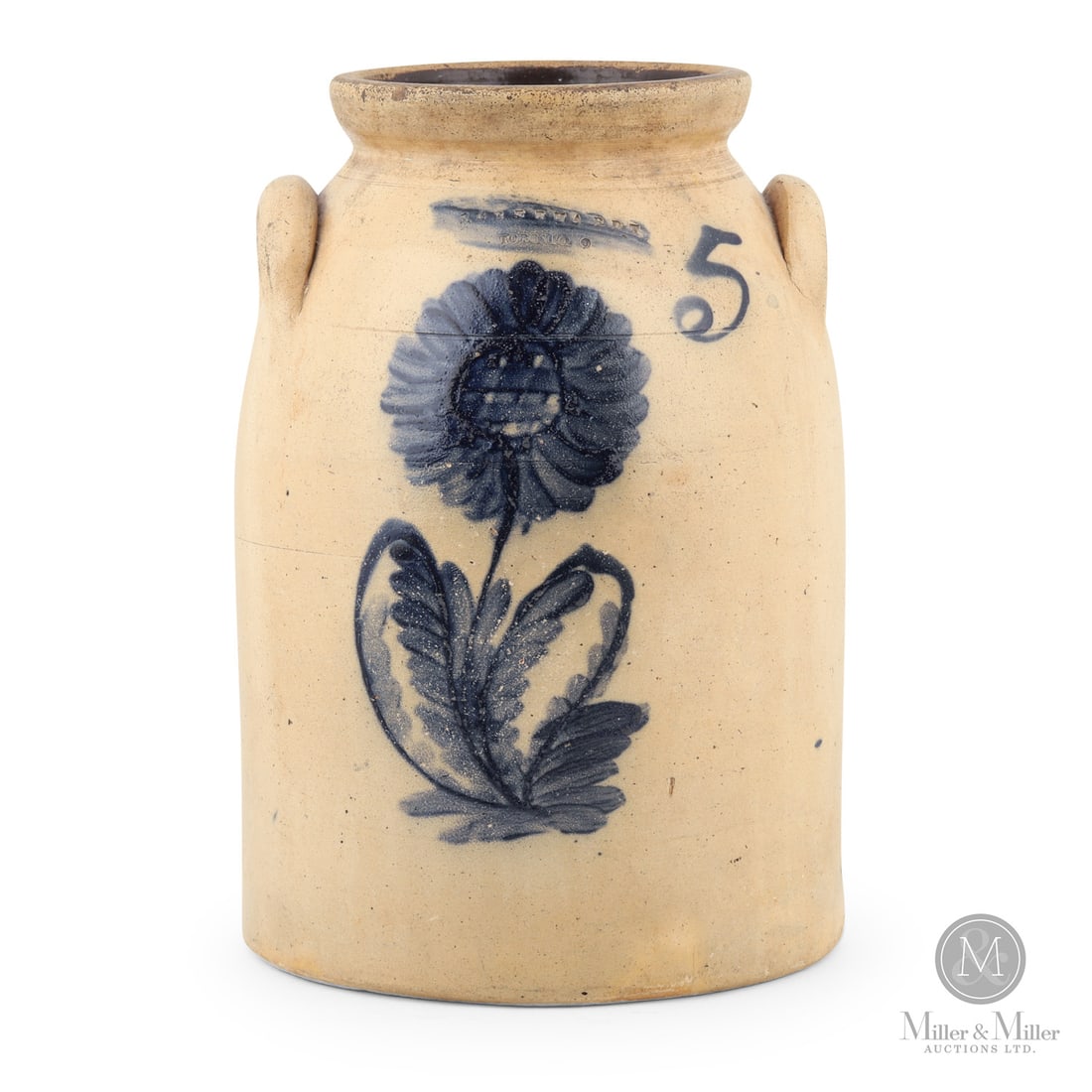 Eberhardt, Toronto 5 Gal Cream Crock: Canadian. 1867-1869. Nicholas Eberhardt 5 gal cream crock from Toronto, Ontario. Another incredible sunflower on a massive cream crock. Has the "O" for Ontario, so it is post-Confederation, but only