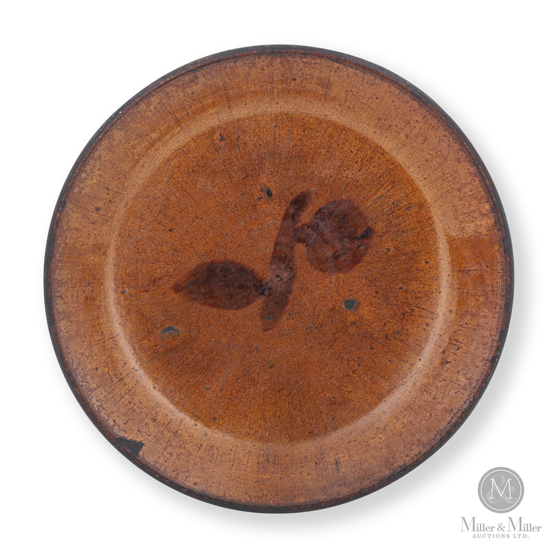 Eby, Conestogo Earthenware Plate: Canadian. 1857-1900. William Eby pie plate from Conestogo, Ontario. Classic Eby cherry decoration.Size1.5" x 10" x 10".ConditionVery good condition. 1/4" flake inner rim. Blackened from