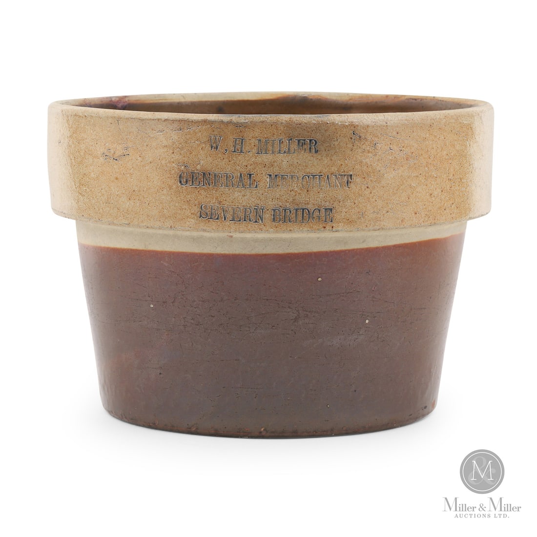 Miller, Severn Bridge Mixing Bowl: Canadian. 1880-1890. W.H. Miller mixing bowl from Severn Bridge, Ontario. A scarce form to find marked from a tiny community near Gravenhurst.Size6.5" x 9.25" x 9.25".ConditionVery good condition.