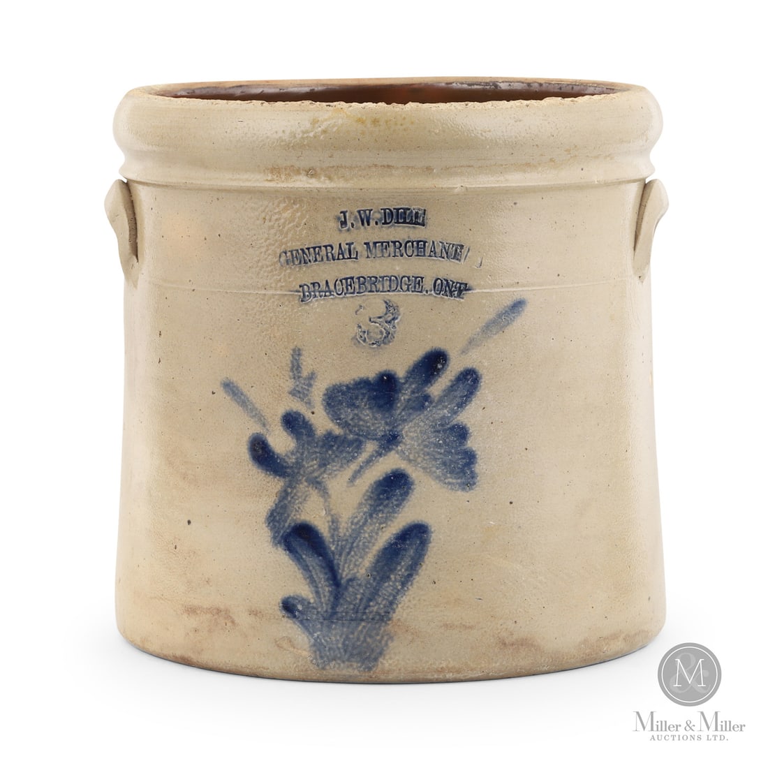 Dill, Bracebridge 3 Gal Butter Crock: Canadian. 1880-1890. J.W. Dill 3 gal butter crock from Bracebridge, Ontario. Double flower decoration from the Welding era, Brantford Pottery. Size 10" x 10.5" x 11". Condition Good condition. Heavy s