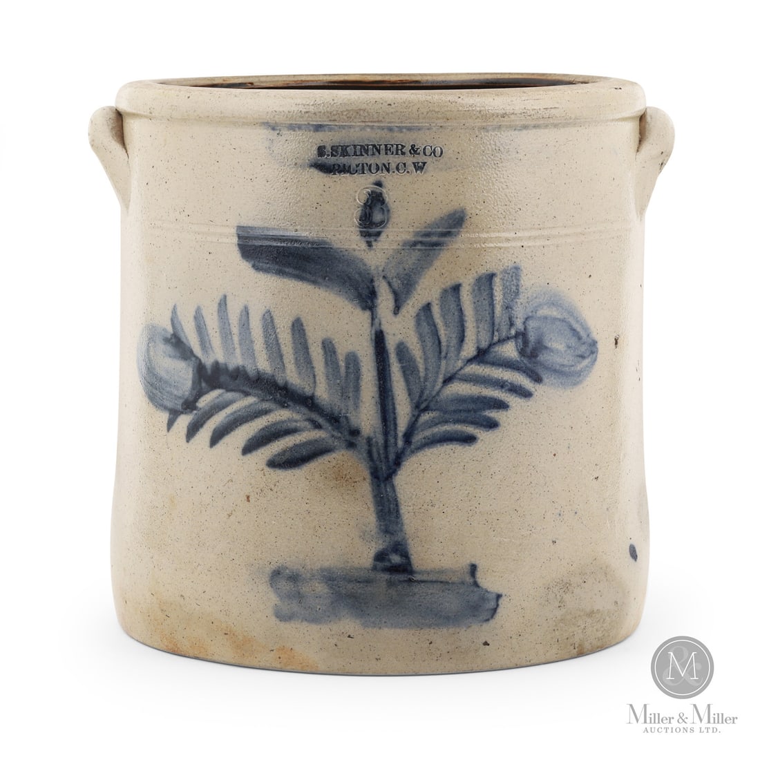 Skinner & Co., Picton CW 3 Gal Butter Crock: Canadian. 1855-1864. Samuel Skinner & Company 3 gal butter crock with scarce and attractive tree of life decoration. Size 10.75" x 10.75" x 11.5". Condition Near mint condition. Medium Stoneware.<