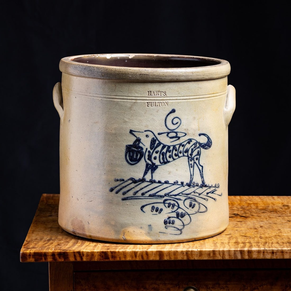 Extremely Rare Hart Fulton NY 6 Gal Butter Crock With Dog Decoration - 2