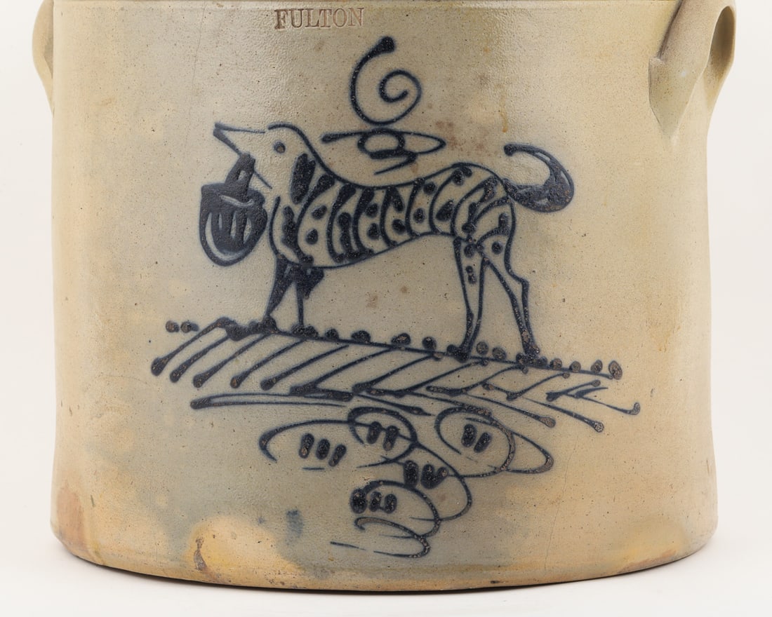 Extremely Rare Hart Fulton NY 6 Gal Butter Crock With Dog Decoration - 4
