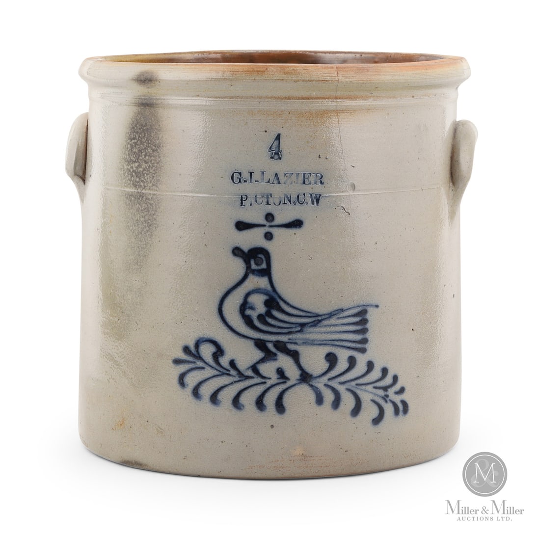 Lazier, Picton CW 4 Gal Butter Crock: Canadian. 1864-1879. George Irwin Lazier 4 gal butter crock from Picton, Canada West. Strong bird decoration. Size 11.5" x 11.5" x 12.5". Condition Very good condition. 5" hairline down from front rim