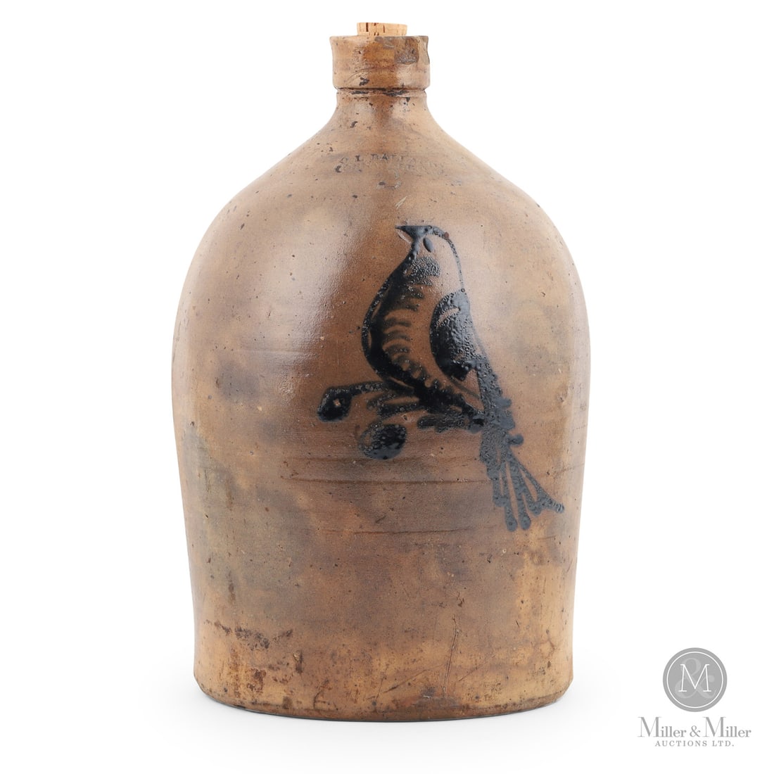 Ballard, Cornwall CW 2 Gal Jug: Canadian. 1864-1869. Orrin Lawrence Ballard 2 gal jug from Cornwall, Canada West. Scarce bird decoration. Note the bluing of the handle terminals.Size14.5" x 8" x 8.25".ConditionGood condition. Heavy