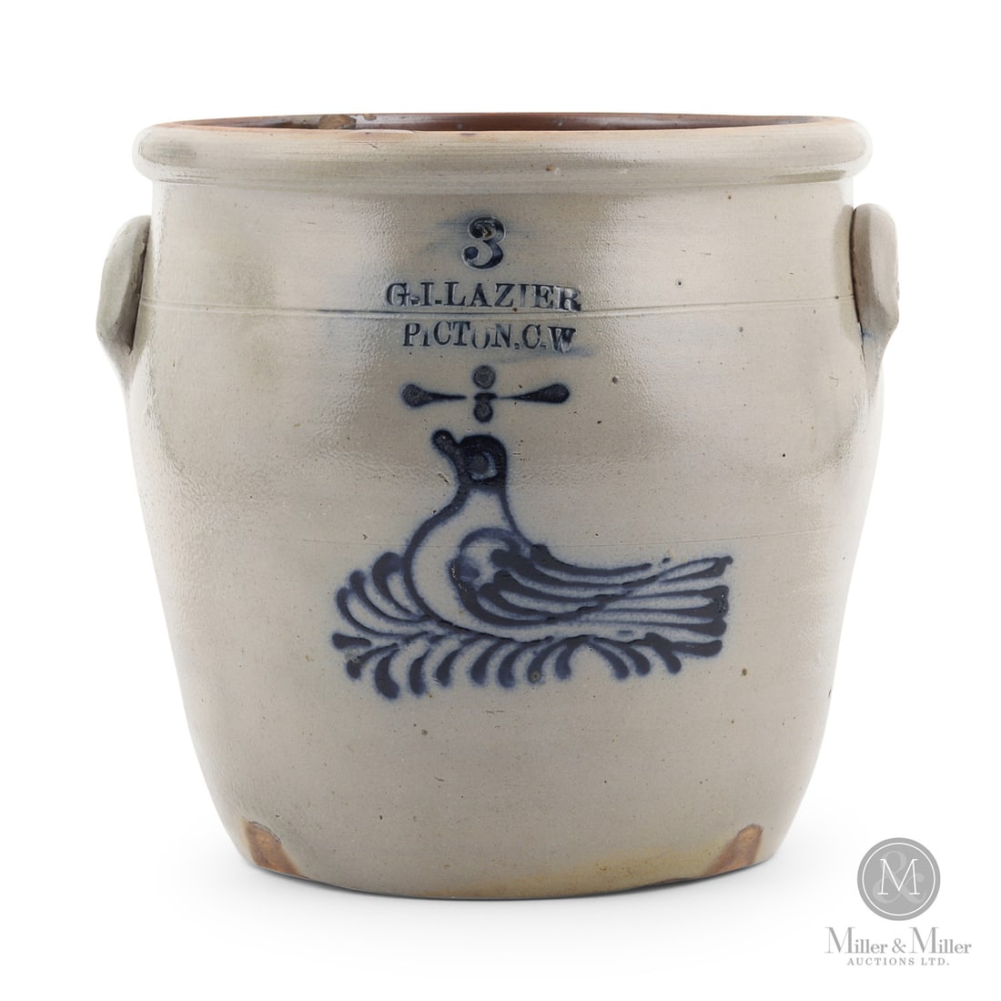 Lazier, Picton CW 3 Gal Cream Crock: Canadian. 1864-1869. George Irwin Lazier 3 gal cream crock from Picton, Canada West. Attractive bird design with the bird nicely integrated with the nest.Size10.5" x 10.5" x 11.25".ConditionVery good