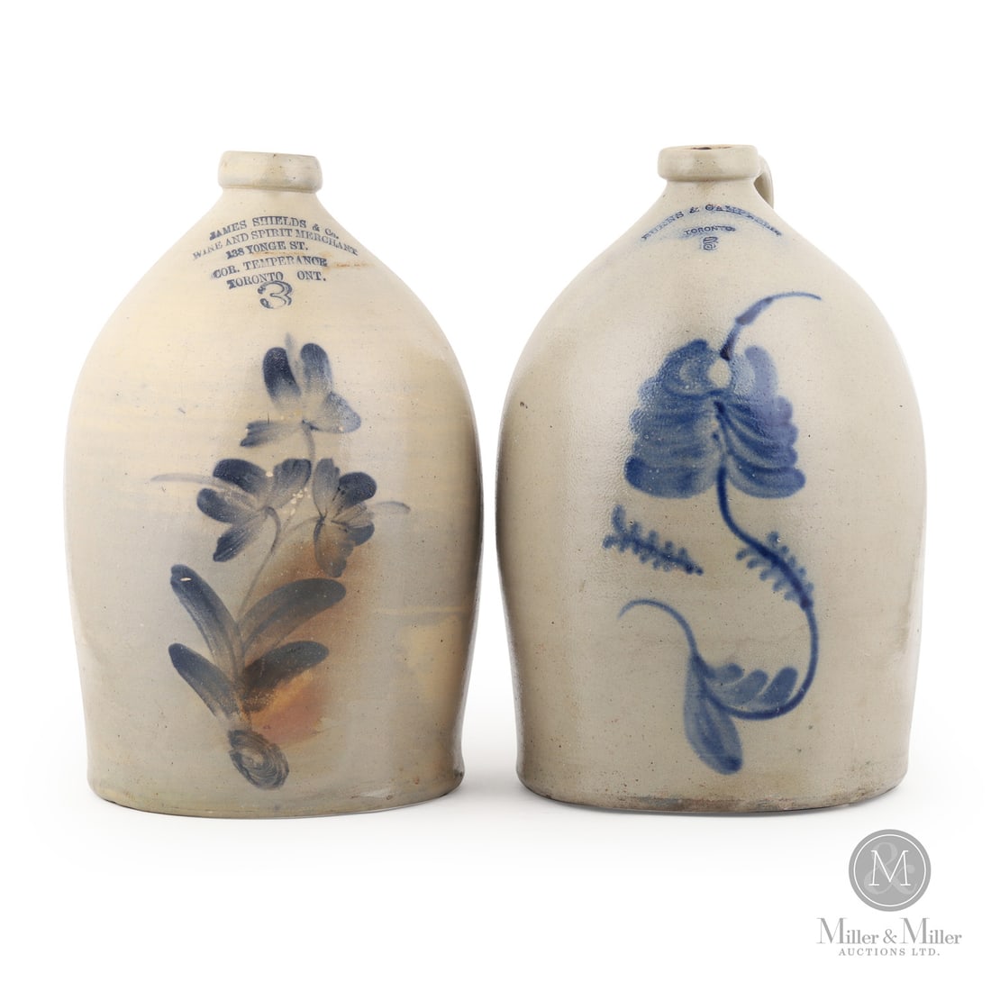 Pair of Toronto Jugs: Canadian. 1880-1890. A pair of 3 gal jugs from Toronto. James Shields & Co, Toronto, with a Welding era Brantford Potteries floral decoration. Burns & Campbell potters single flower.SizeBurns and
