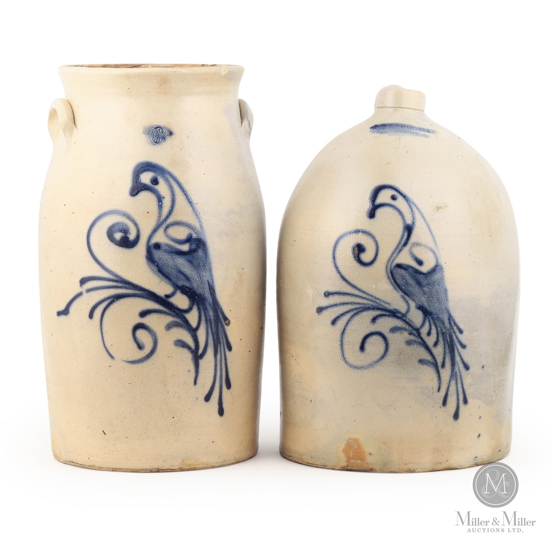 Flack & Van Arsdale, Cornwall Pair: Canadian. 1869-1907. A pair of bird crocks from David Flack and Isaac Van Arsdale Cornwall Pottery. The 6 gal churn is unmarked but clearly F&VA. The 4 gallon crock is marked. Two large pieces with