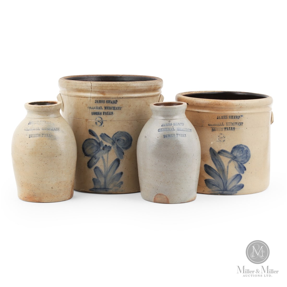 Sharp, Burks Falls Foursome: Canadian. 1880-1895. A collection of four crocks from James Sharp of Burks Falls, Ontario. The 2 and 3 gal butter crocks have floral decorations from the Welding Brantford Pottery. The large tomato ja