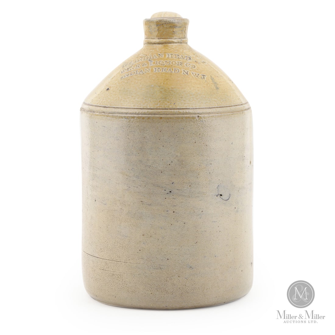 The Indian Head Wine & Liquor Co. N.W.T. 1 Gal Jug: Canadian. 1890-1905. Saskatchewan became a Canadian province in 1905. Before then, it was part of the Northwest Territories. We are pleased in this auction to offer three different-sized crocks from T